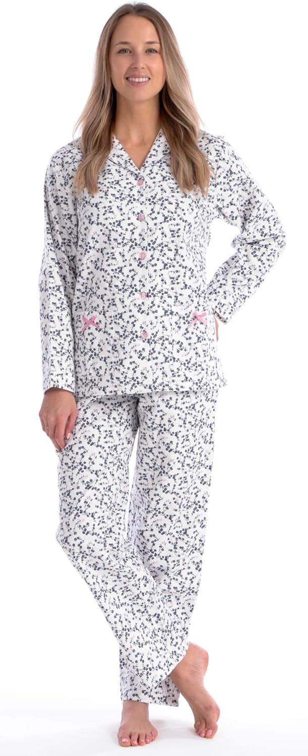 Patricia Lingerie Women's Premium Soft Cotton Flannel Print Long Sleeve Buttoned Pajama 2 Piece Set (Pink /Grey Floral Print, L)
