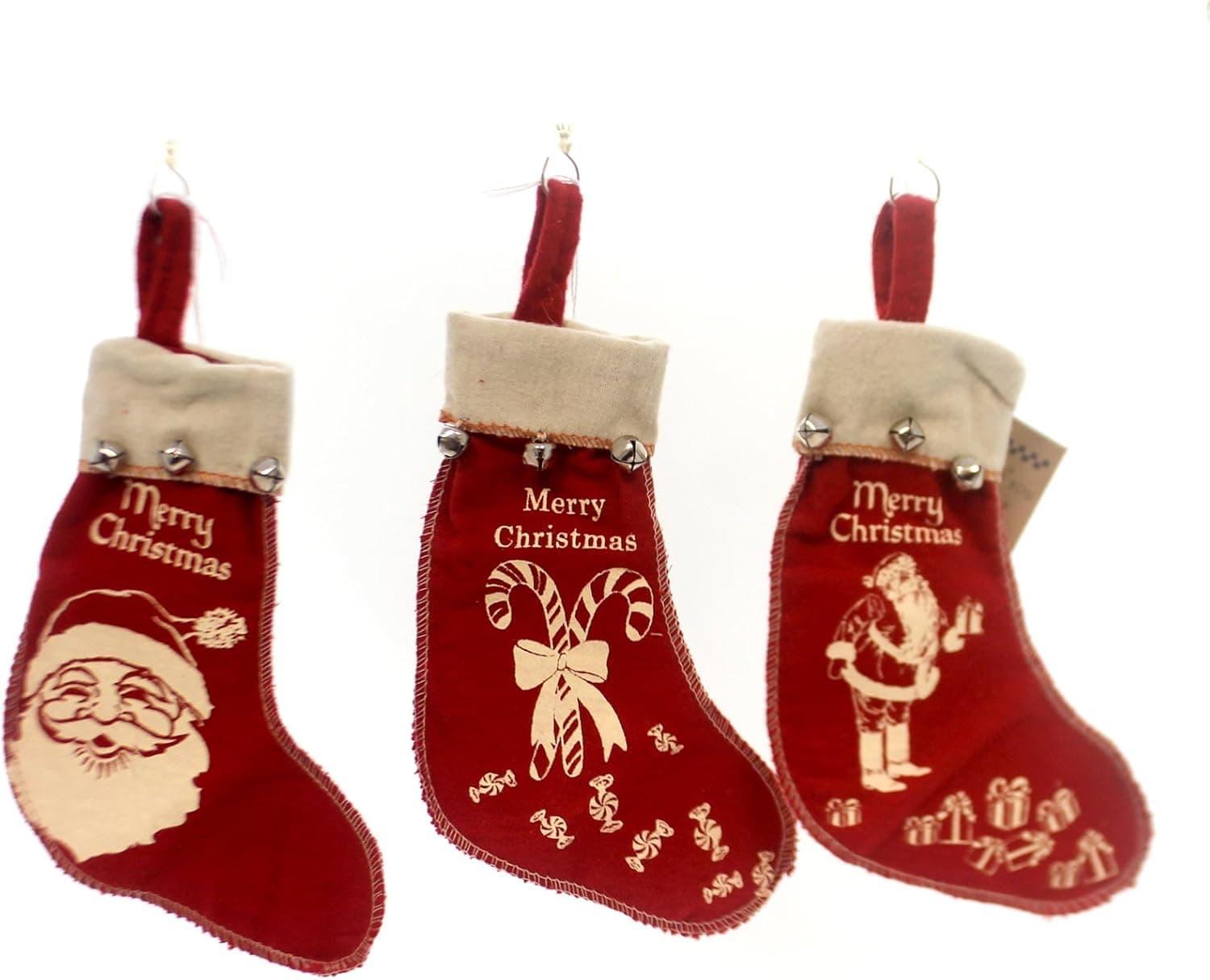Primitives by Kathy Merry Christmas Vintage Style Mini Felt Stockings with Bell Set 16689 New 7 inch