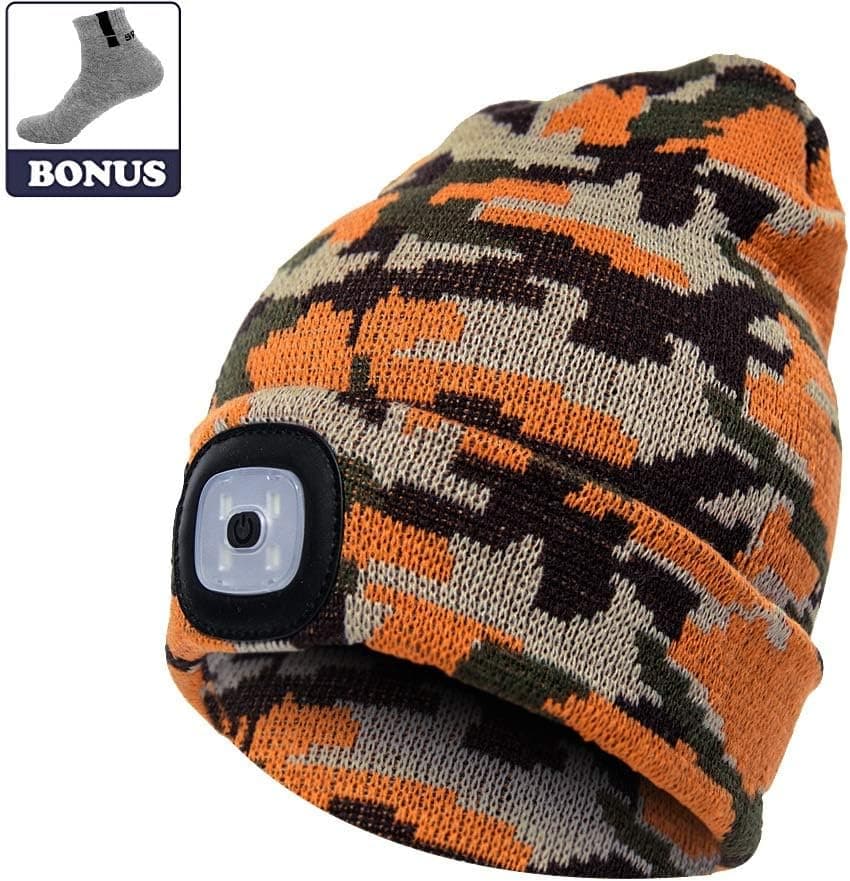 LED Light Cap Knitted Hat Outdoor Fishing Running Hat Autumn Winter Flash headlight Camping Climbing Caps (Camouflage Gold)
