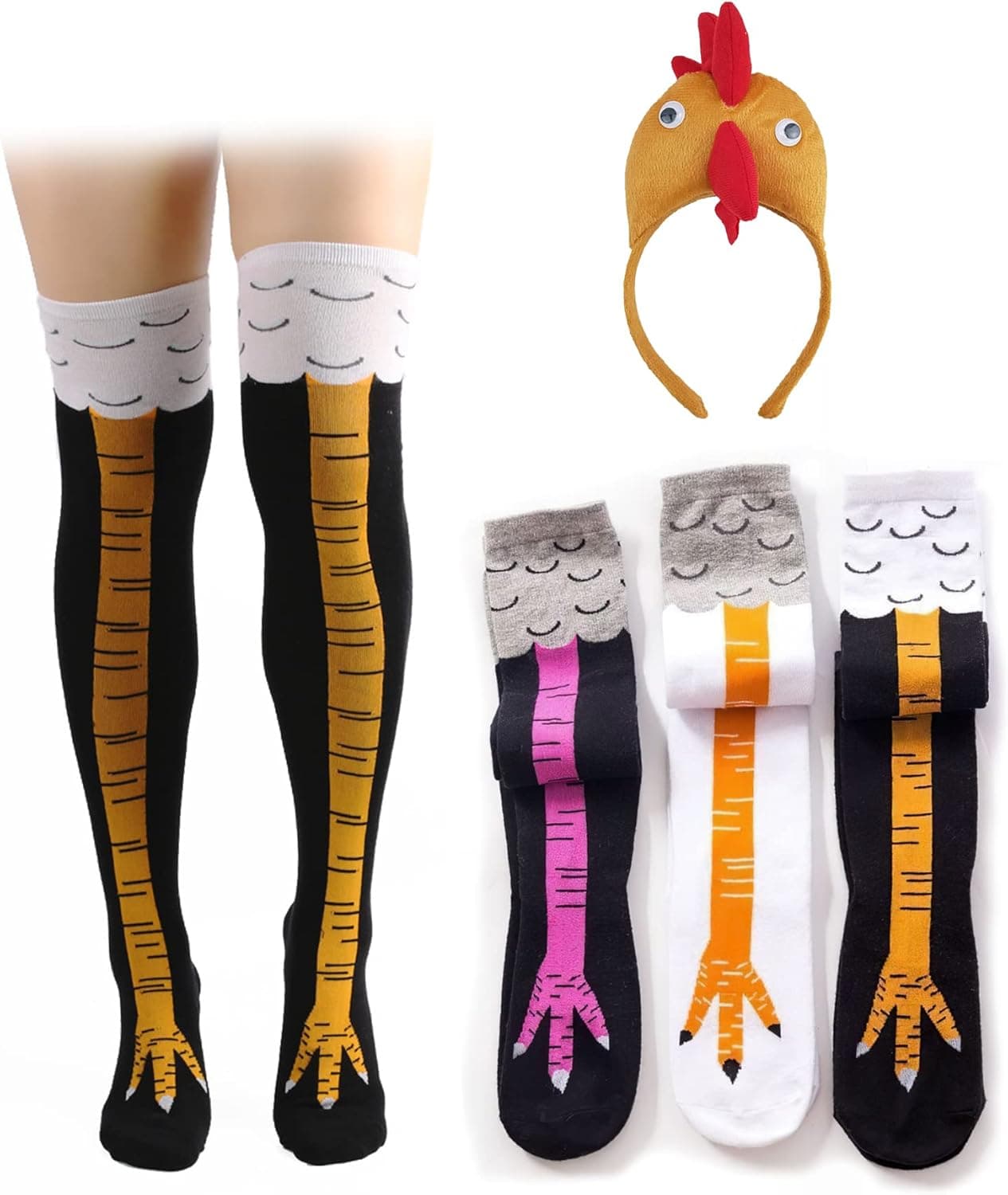 KEEPFINE Crazy Funny Novelty Chicken Leg Socks 3 Pairs and Chicken Headband For Women Chicken Feet Socks Knee-High Turkey Socks With Chicken Hat Funny Gifts