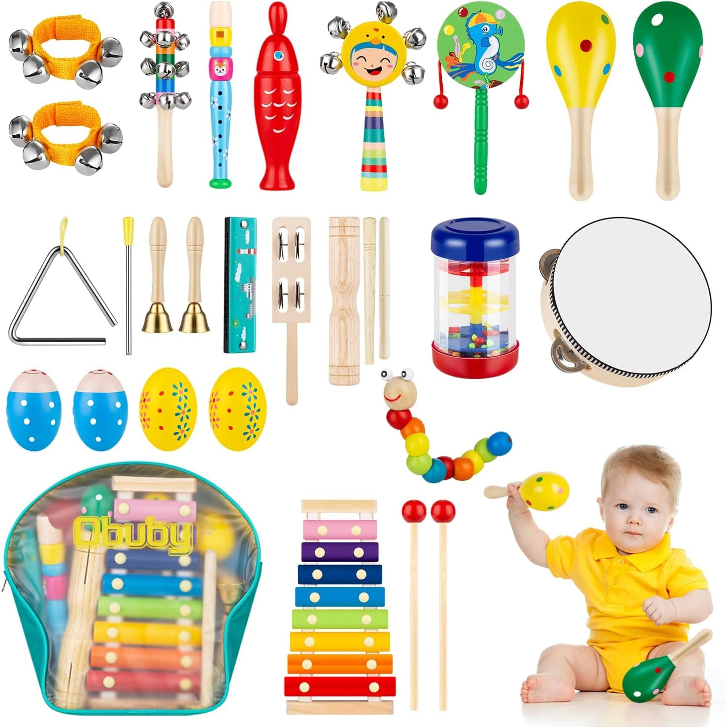 Obuby Toddler Musical Instruments Sets Wooden Percussion Instruments Toy for Kids Preschool Educational Wood Toys with Storage Bag for Kid Baby Babies Children Boys and Girls