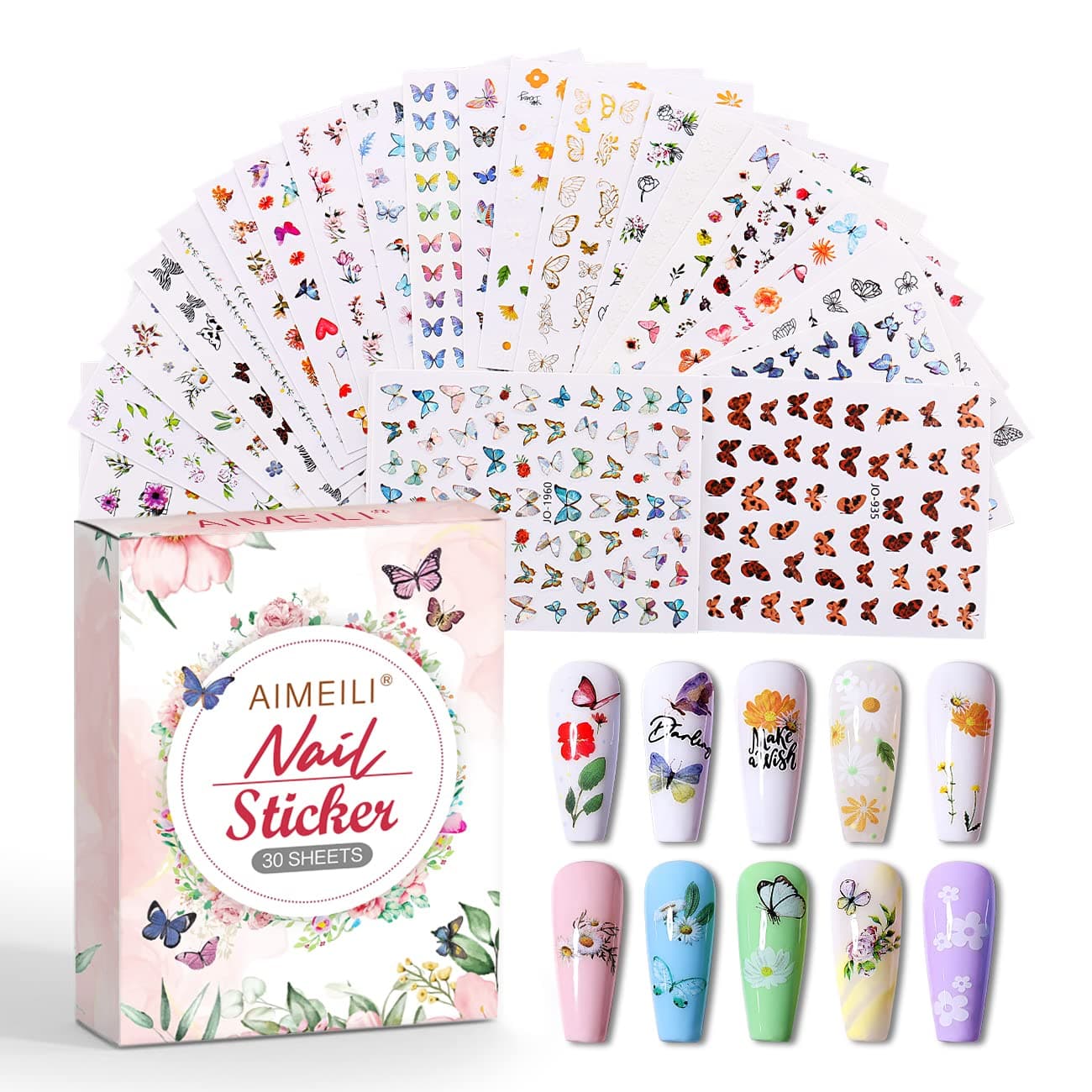 AIMEILI 30 Sheets Nail Art Stickers Colorful Butterfly Flower 3D Self-Adhesive Nail Stickers for Nail Art Decoration