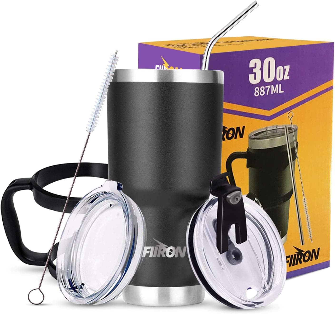 Fiiron 30 oz Tumbler Insulated Vacuum Stainless-Steel Coffee Cup with Lid (30 oz, Black）