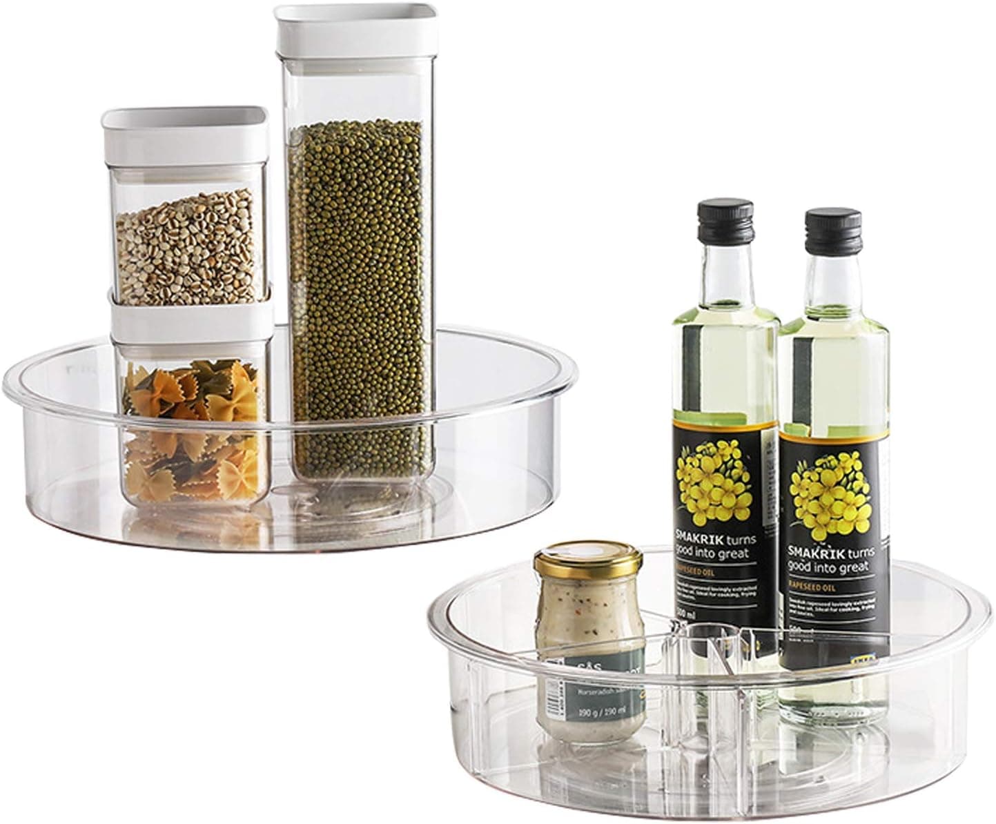 EPHVODI Lazy Susan Cabinet Organizer - Food Storage Container for Cabinets, Pantry, Fridge, Countertops, Bathroom - Spinning Organizer for Spices, Condiments, 12-Inch and 14-Inch, Clear, 2-Pack