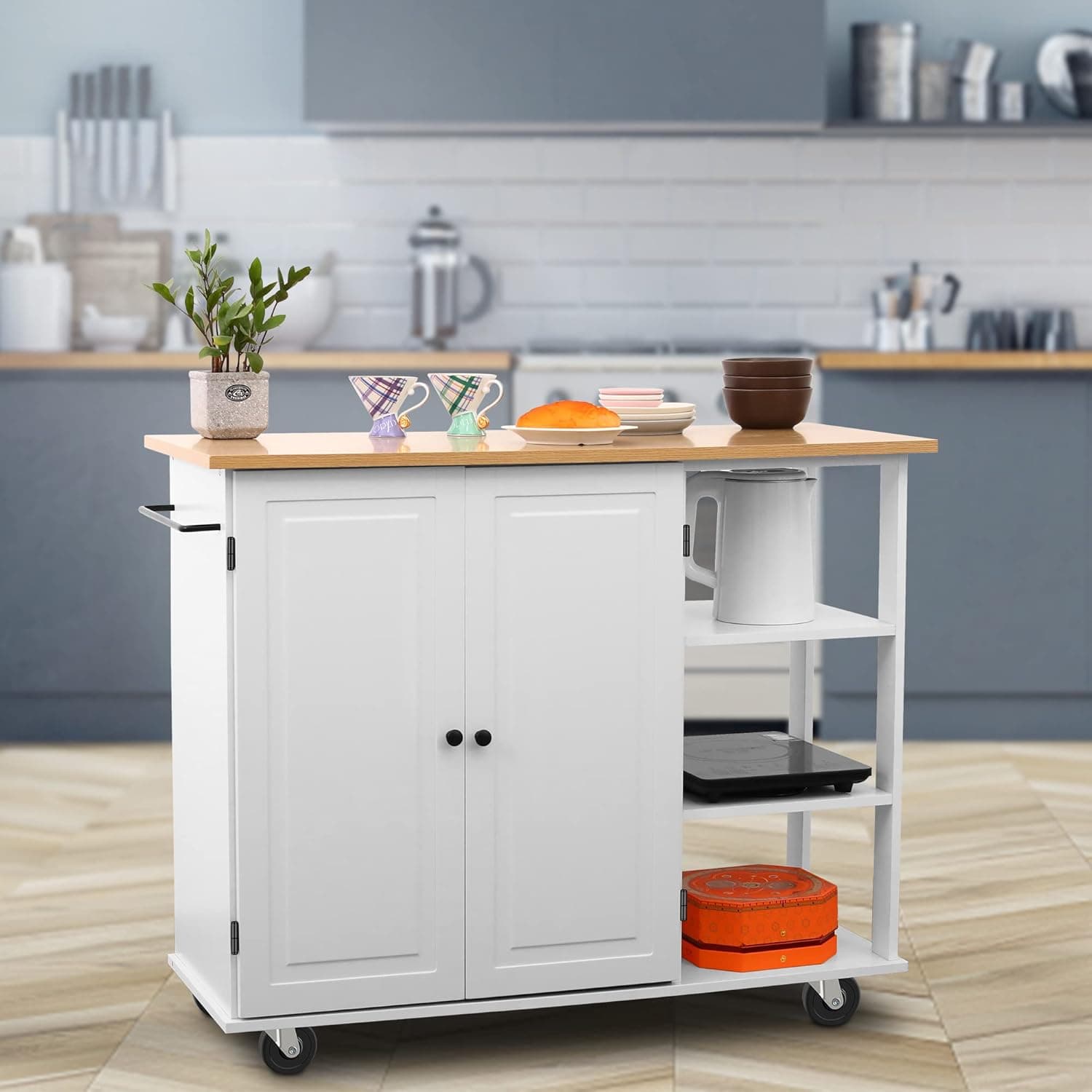 Unovivy Kitchen Island on Wheels, Kitchen Cart with Large Storage Cabinet and Towel Rack, Rolling Kitchen Island with Rubber Wood Top, Suitable for Kitchen, Dining Room Placing