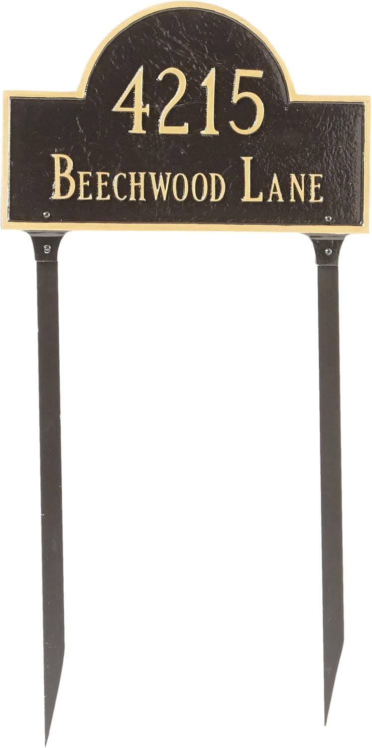 Montague Metal 10.5" x 16.5" Classic Arch Two Line Address Sign Plaque with Lawn Stakes, Standard, Navy/Silver