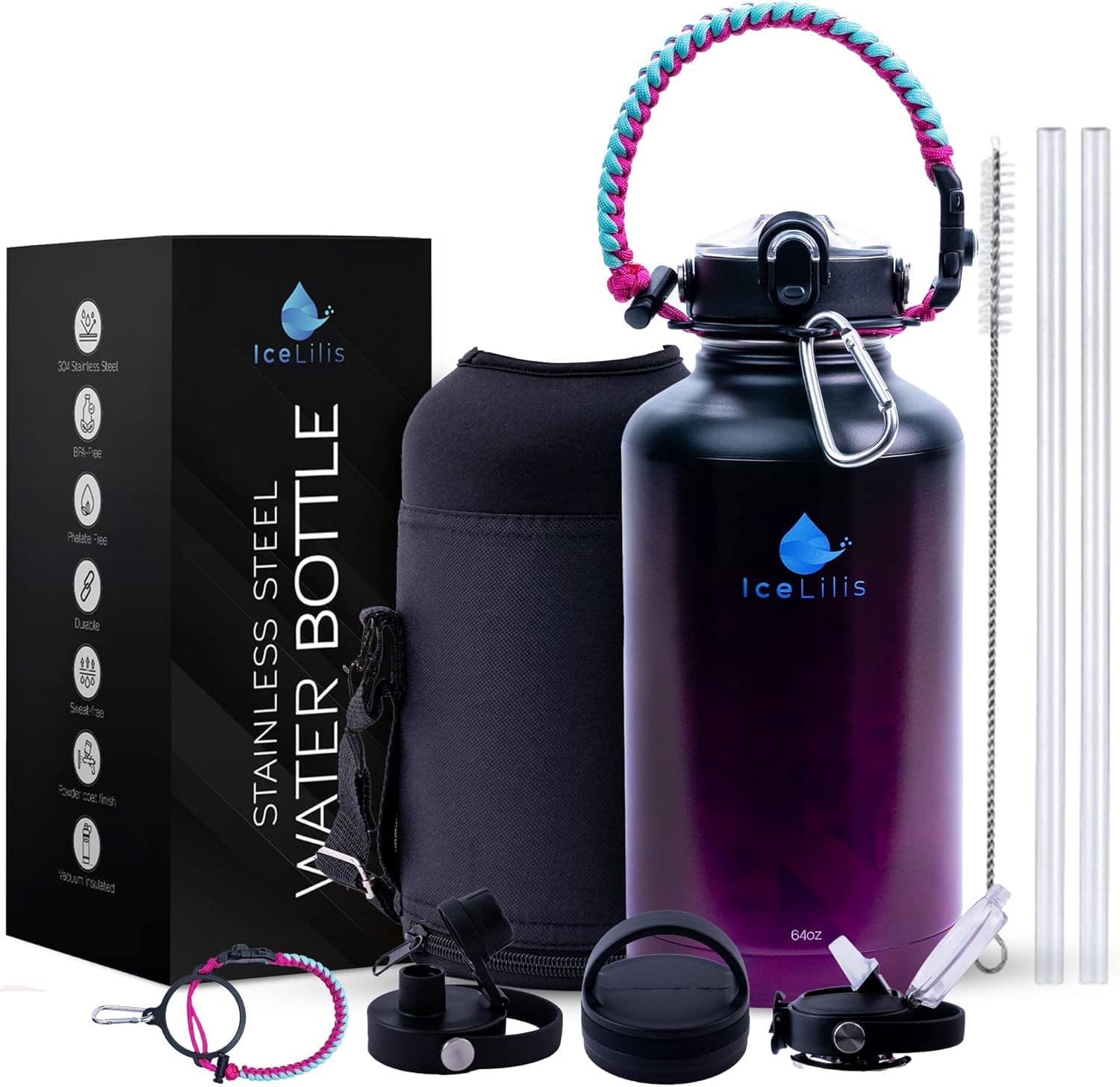 ICELILIS 64 Oz Stainless Steel Water Bottle - Double-Wall Vacuum Insulated Metal Canteen - Thermo Mug Flask - 3 Lids Handle Wide Mouth & Straw Spout Lid - Food-Grade & BPA-Free - Leak & Sweat Proof