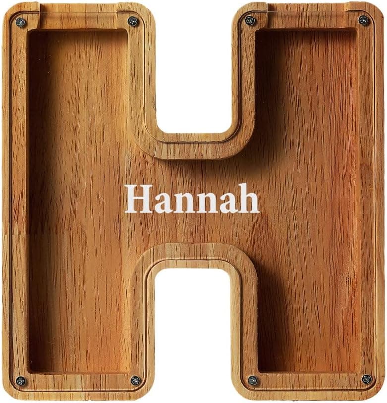 Personalized Letters Wooden Piggy Bank for Boys and Girls, A-Z Letters Coin Bank Money Box with Clear Alphabet Stickers, Money Saving Bank for Family Christmas Birthday Gift Home DIY Decoration