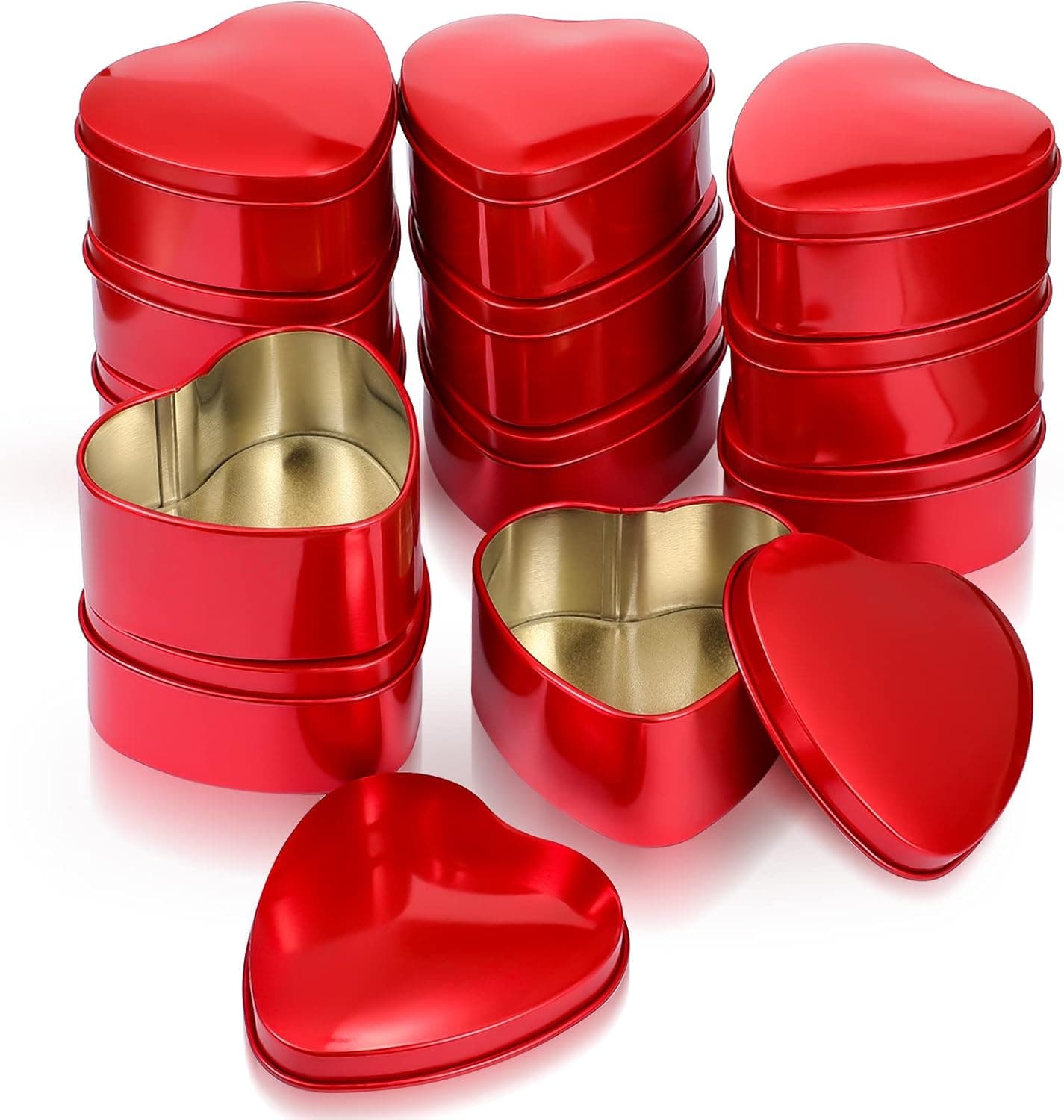 Moxweyeni 12 Pieces Heart Shaped Metal Tins Box with Lids Valentines Day Candy Boxes Biscuits Jar Candle Tins Empty Tin Box for Valentines Day Candle Making, Candies Treasures (Red)