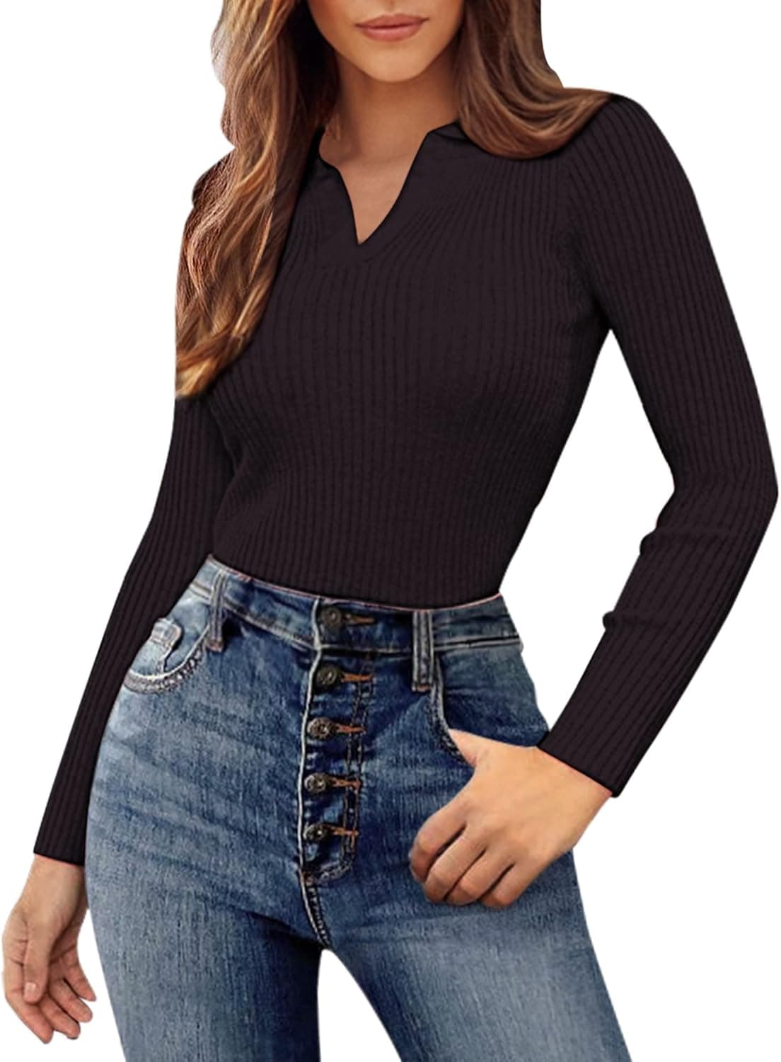Totatuit Women's Knit Slim Fit Sweater Ribbed Pullover Jumper Basic Long Sleeve V Neck Solid Crop Tops Y2K Black
