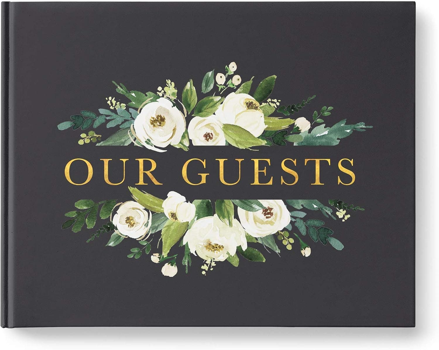 Wedding Guest Book, Gold Foil Lettering, Large Guest Book, Photo Booth Guestbook, Dark Charcoal with White Flowers, 10.9 x 8.75 Inch Hardcover Book with 80 Blank White Pages, Made in The USA