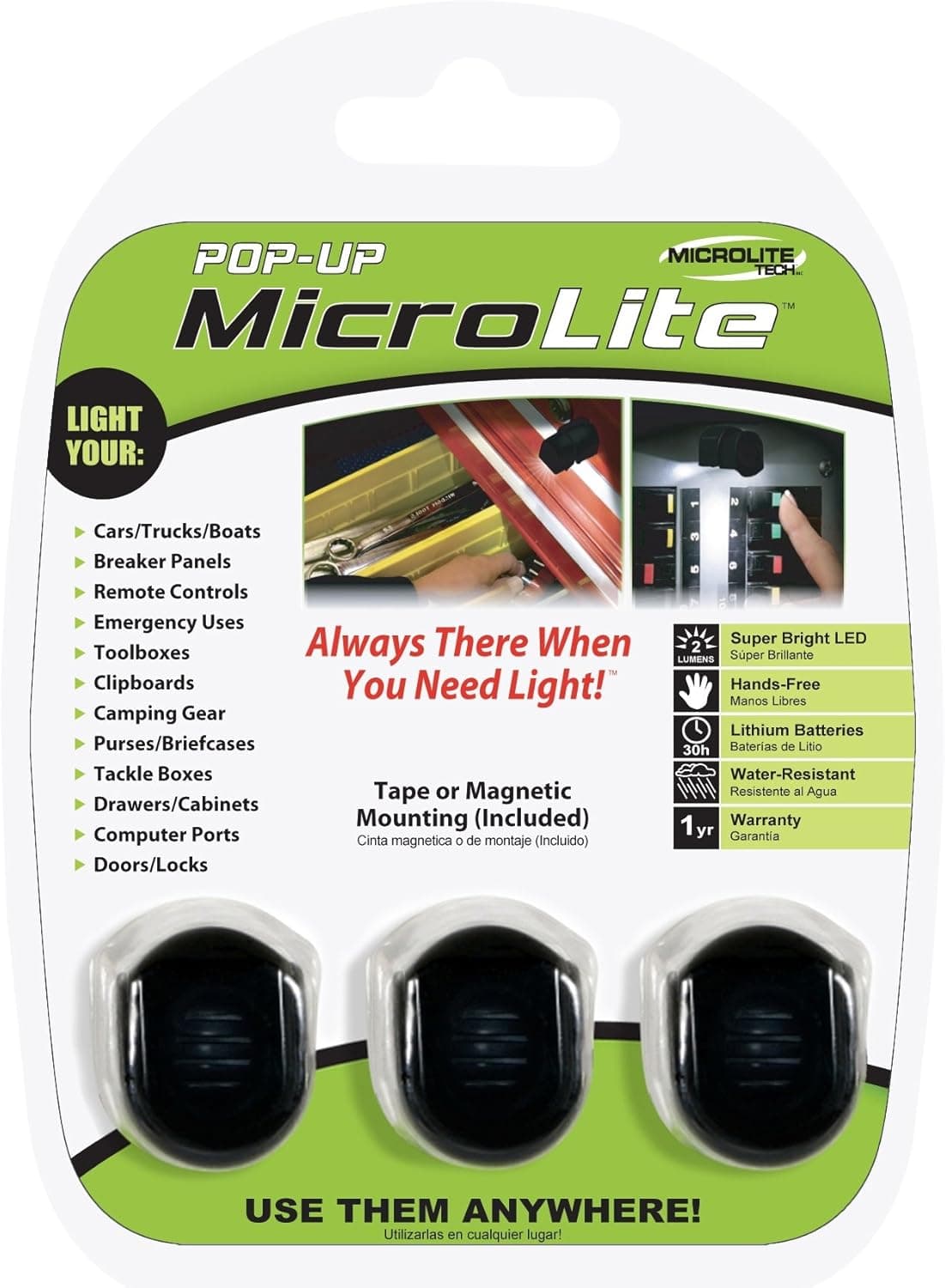 MicroLite Tech PML3B Pop-Up Hands-Free Miniature LED Lighting Device, Black, 3-Pack