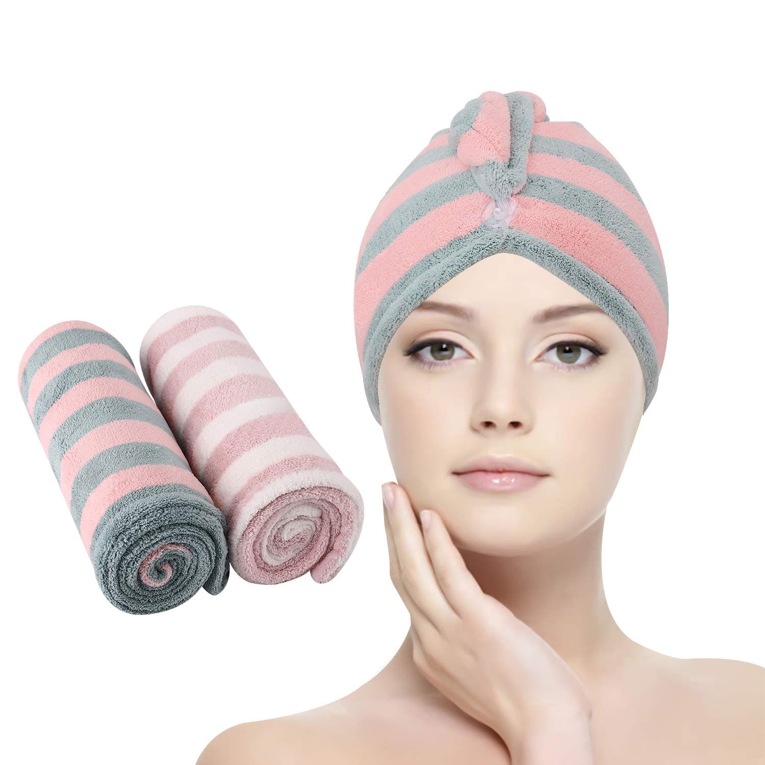 Obvie Microfiber Hair Towel Wrap Super Absorbent Fast Drying Hair Turban Caps for Drying Long Hair 2 Pack
