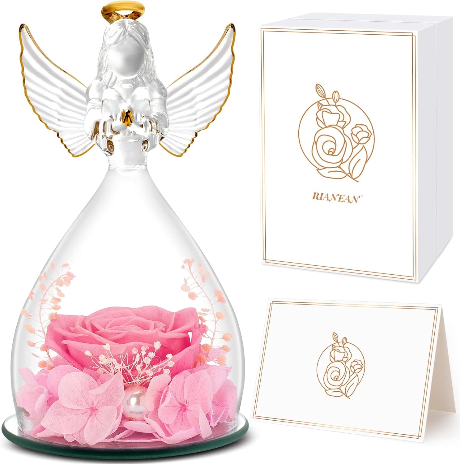 RIANEAN Preserved Rose Birthday Gifts for Women Mom Her Grandma Friend, Pink Real Roses Flowers in Angel Figurines Glass, Gift on Anniversary, Christmas, Mother's Day, Valentine's Day, Thanksgiving