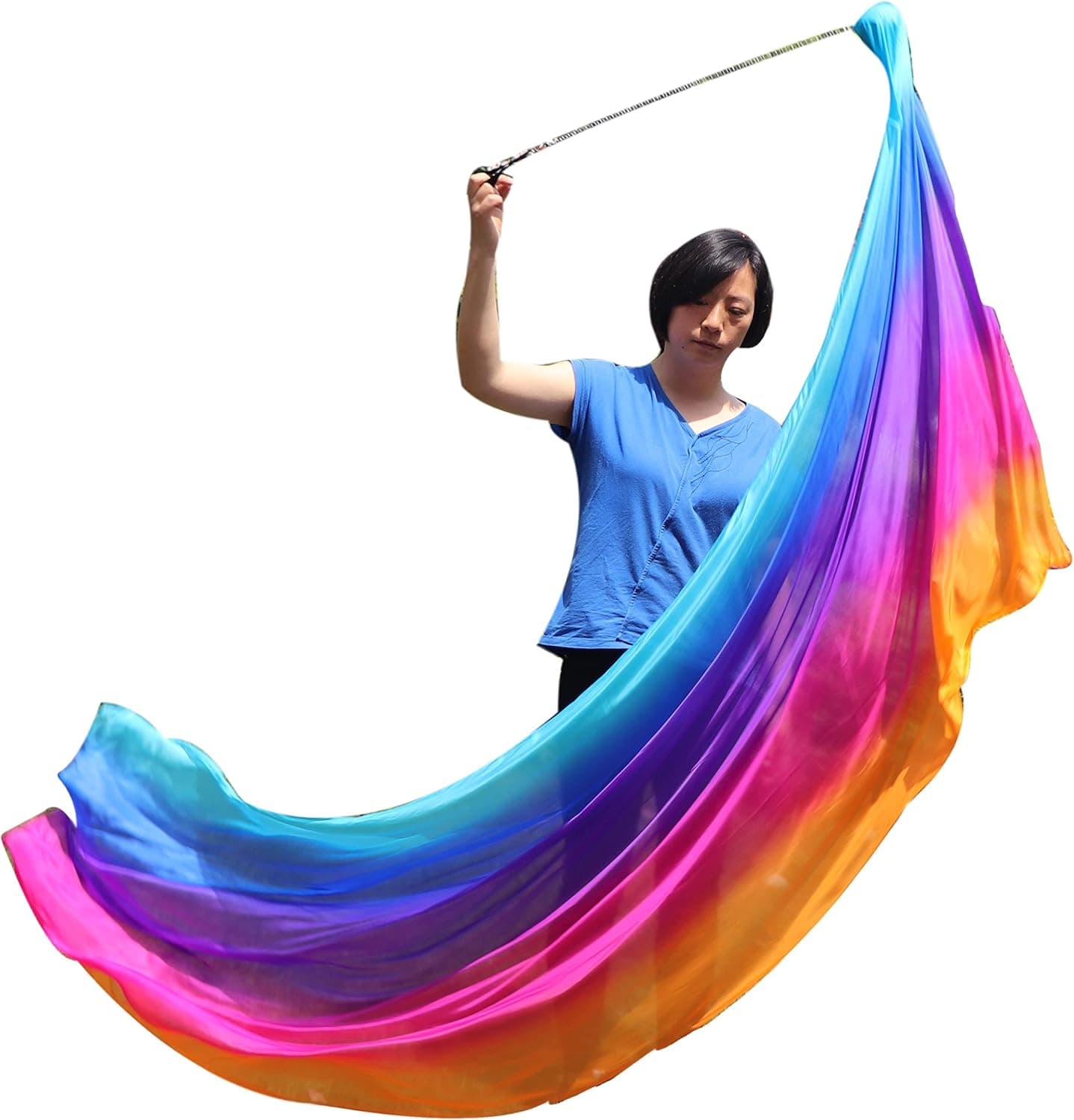 Winged Sirenny 90" Play Silk Scarf with Poi Ball, Colorful Silk Flag Ribbon Streamer, Belly Dance Practice VOI, Single Piece