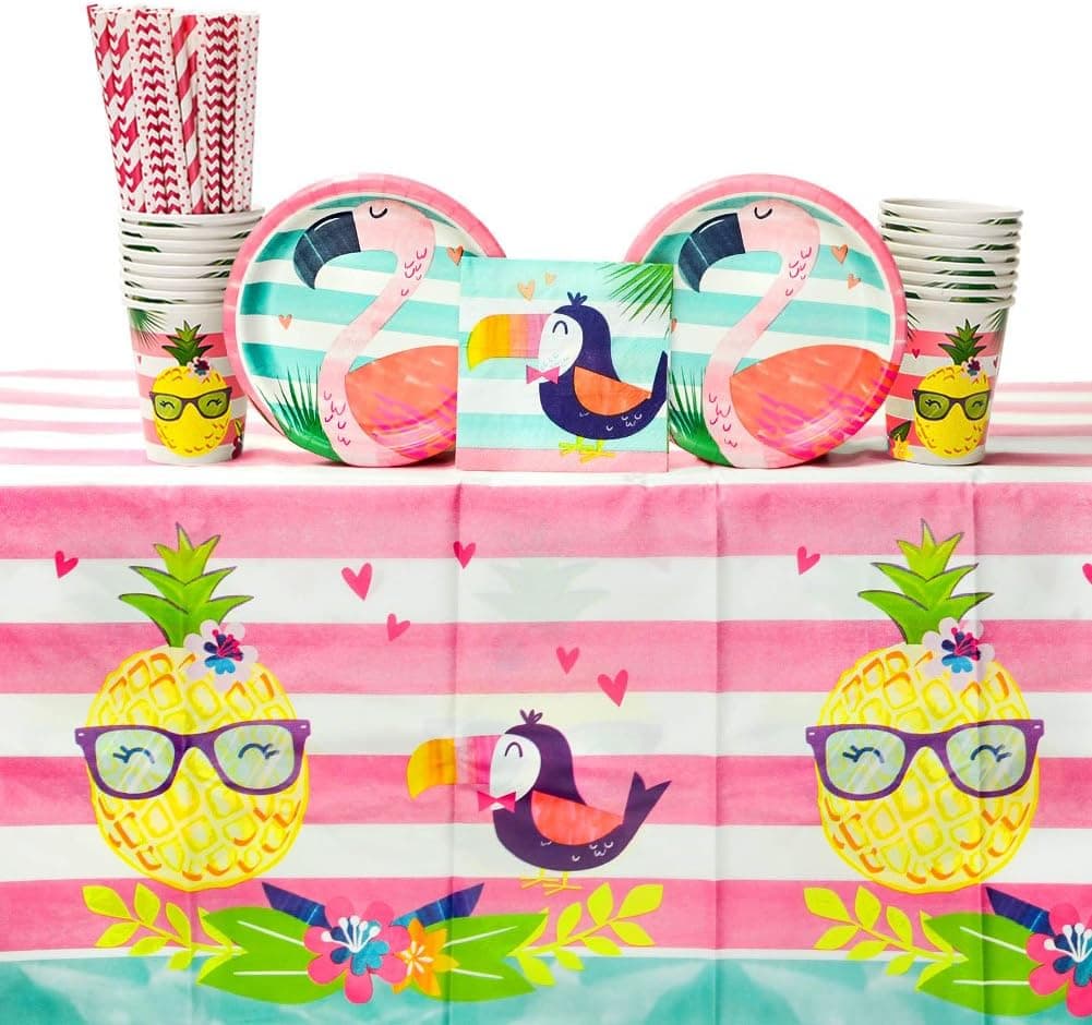 Pineapple Birthday Party Supplies Pack for 16 Guests | Paper Straws, 16 Dessert Plates, 16 Beverage Napkins, 1 Table Cover, and 16 Cups | Great Pineapple Party Decorations for your next Tropical Party