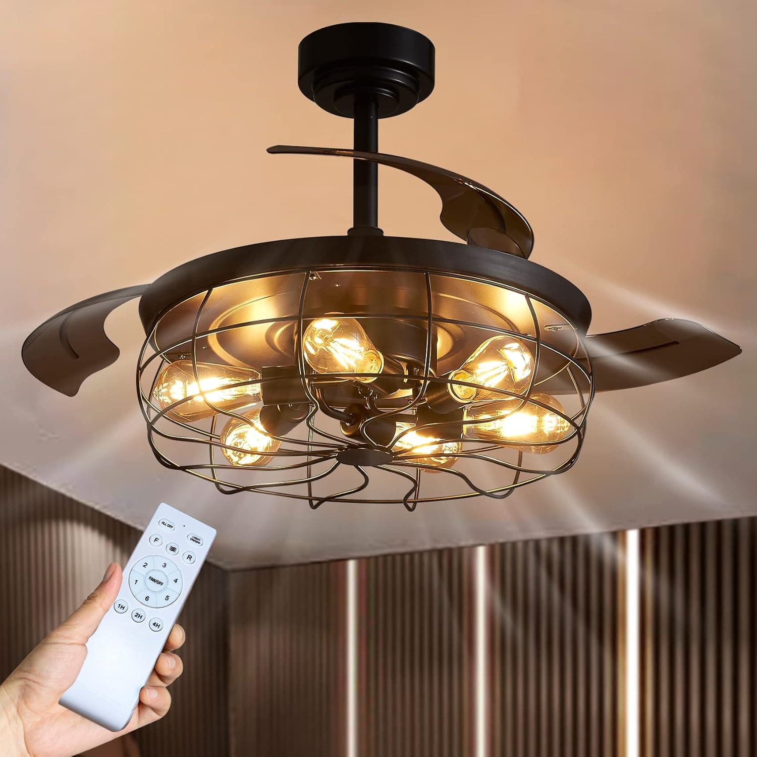 Lvienews 42'' Retractable Ceiling Fans with Lights And Remote,Farmhouse Caged Ceiling Fans with Light, Industrial Ceiling Fans 6 Speed For Bedroom
