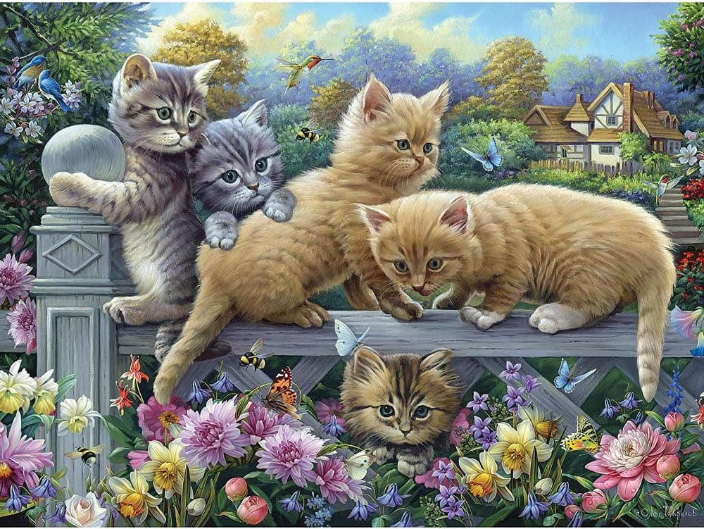 Bits and Pieces - 500 Piece Jigsaw Puzzle for Adults 18" x 24" - Kittens On A Fence - 500 pc Cat Flower Pet Garden Bloom Spring Jigsaw by Artist Oleg Gavrilov