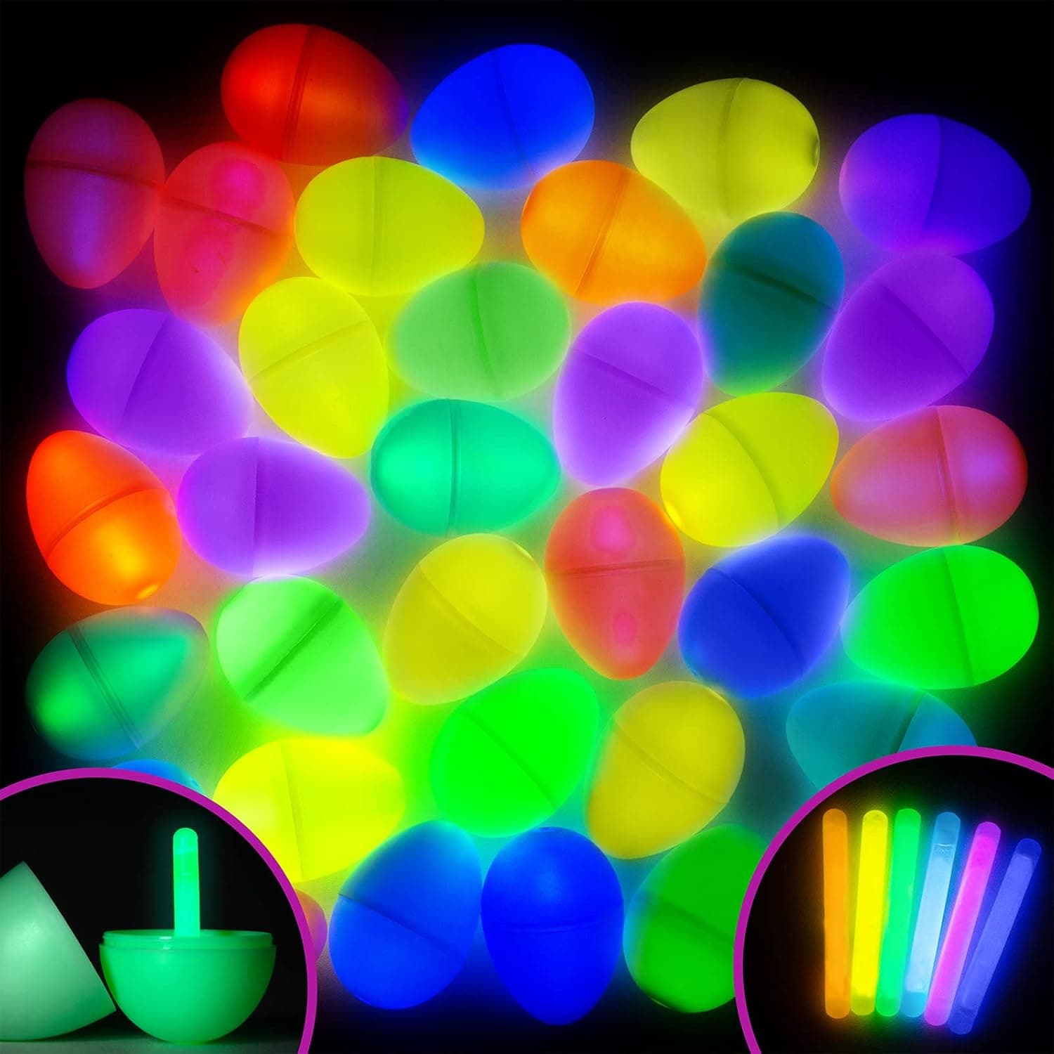 SALLYFASHION 36 Pcs Glow in the Dark Easter Eggs with 48 Pcs Glow Sticks, Plastic Easter Eggs with Mini Glow Sticks Empty Egg Hunt Basket Easter Gifts Party Favor