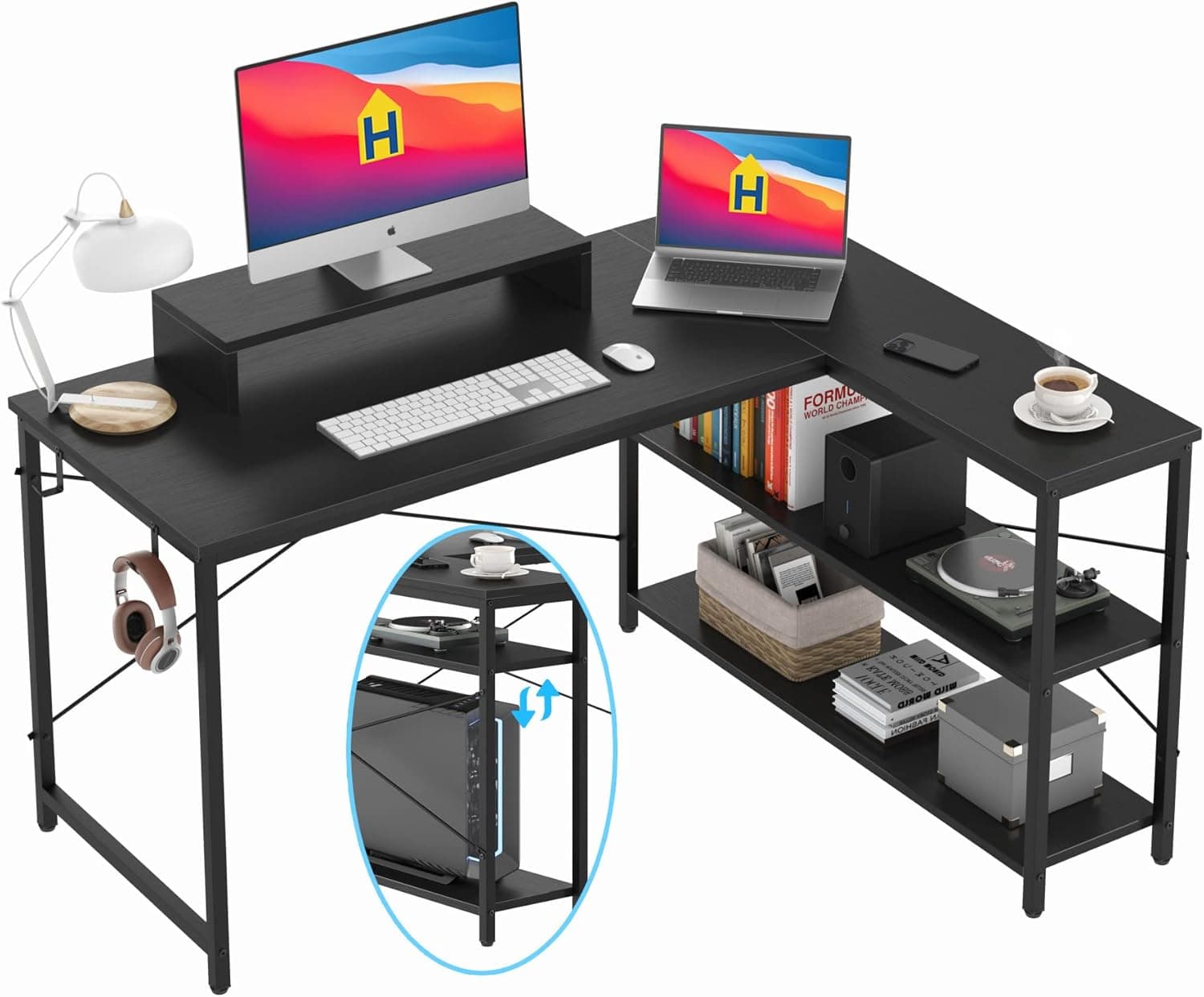 47 INCH L Shaped Computer Desk with Storage Shelves, Heavy Duty Home Office Desks with Monitor Stand, Corner Desk for Small Space Bedroom, Study Writing Workstation PC Table, Easy to Assemble, Black