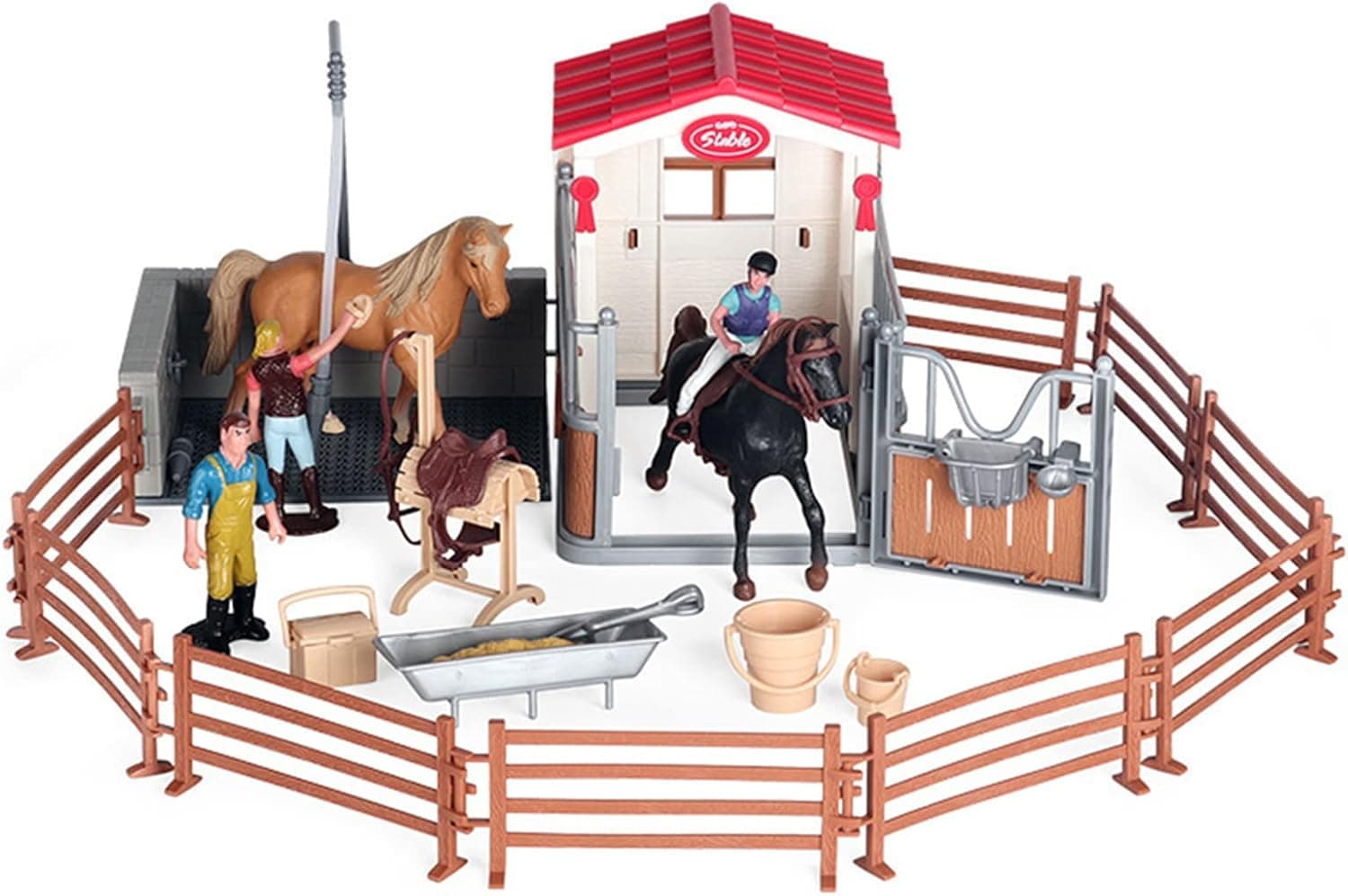 Horse Stable Playset Toys with Horse Wash Area and Fence, 31 Pieces Horse Club Playset with Rider Horses Toy Figures for Boys and Girls, Horse Stall Toy Horse Barn Set with Tennessee Mare(0632A+0653A)