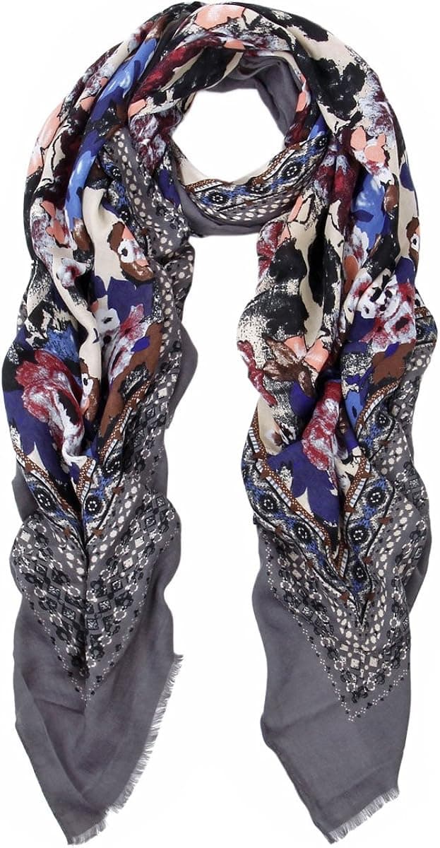 Elegant Large Vintage Floral Design Frayed End Scarf Wrap - Diff Colors Avail