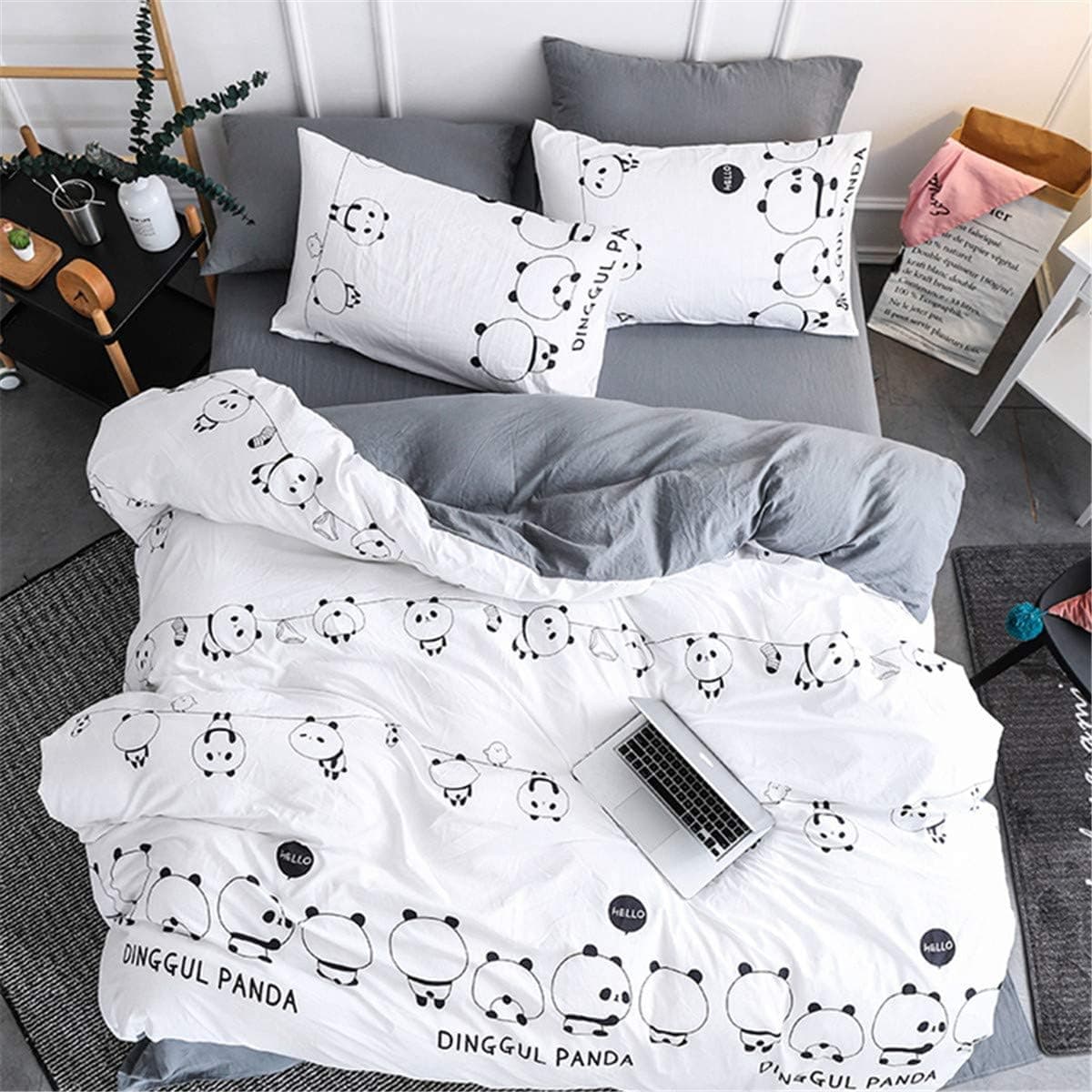 Panda Bedding Set Cartoon Dinggul Duvet Cover 3 Pieces Cartoon Dinggul Pattern White Gray Duvet Cover with 2 Pillowcases Panda Duvet Cover Set Queen Size 90"x90"(No Comforter)