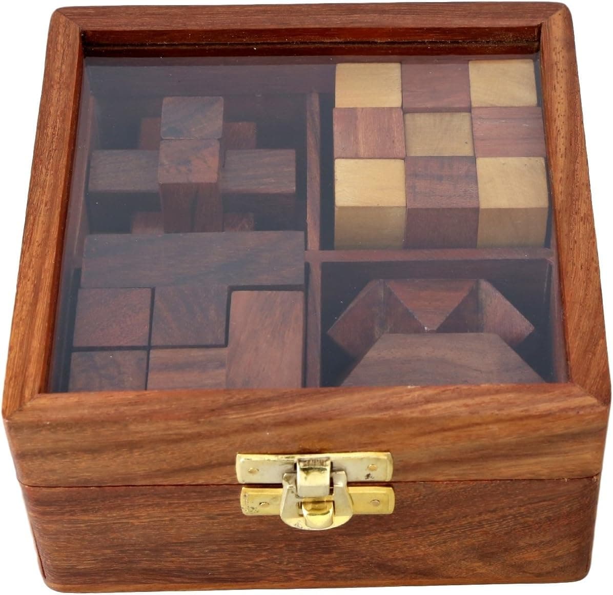 4-in-One Wooden Puzzle Games Set - 3D Puzzles for Teens and Adults - Includes Wood Interlocking Blocks, Diagonal Burr,Soma Cube and Snake Cube in Storage Box