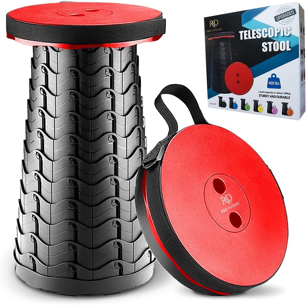 R&D FUTURE 2023 Upgraded Telescopic Stool, Lightweight Seat with 400lbs Load Capacity, Collapsible Stool for Indoor, Outdoor, Retractable Folding Stool, Portable Telescoping Stool for Adults (Red)