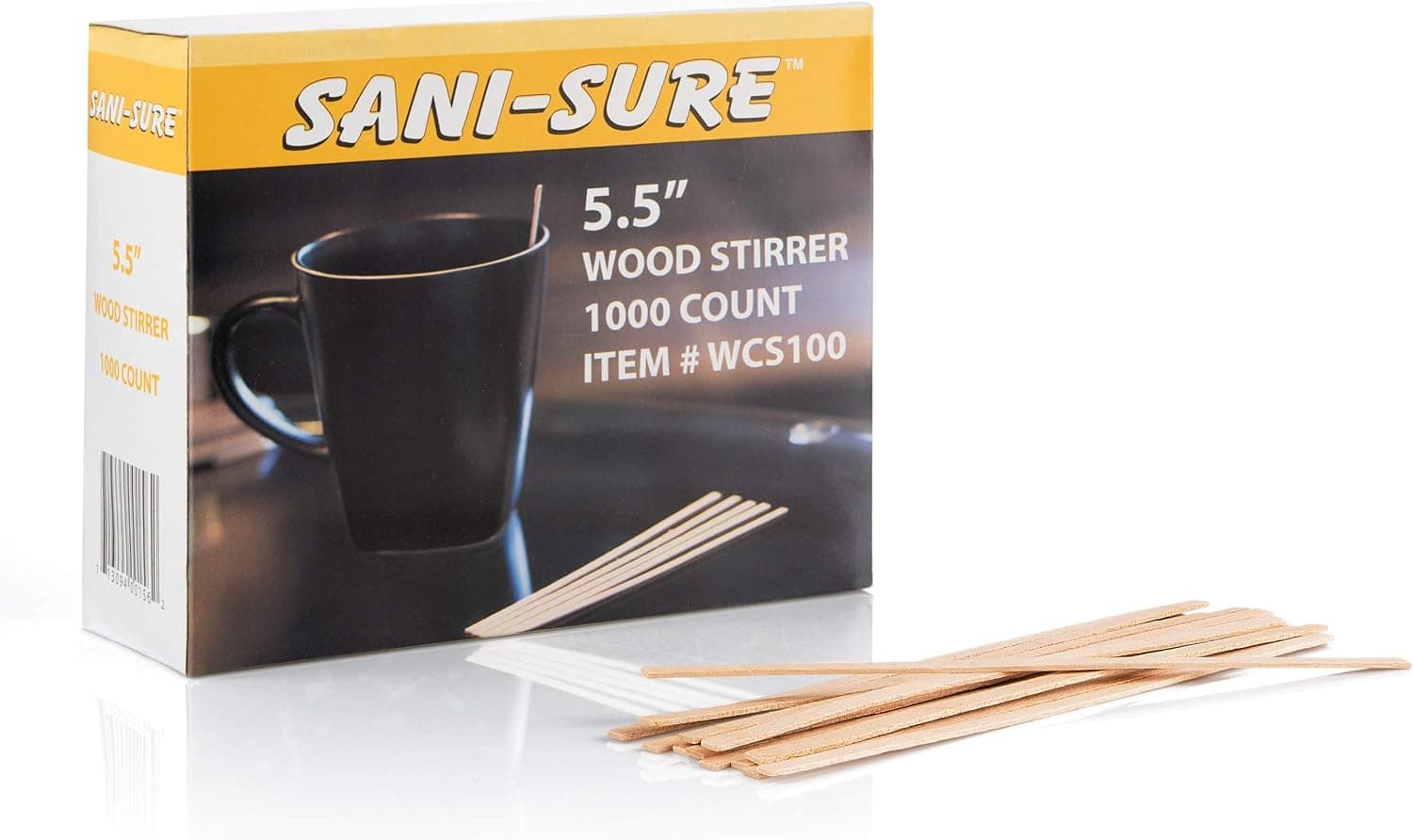 SANI-SURE Wood Coffee Stir Sticks, 5.5 inches, Disposable Eco-Friendly Stir Sticks for Hot and Cold Drinks Square End, Stronger and Thicker Than Standard Wood - 1 box/1000 Stirrers