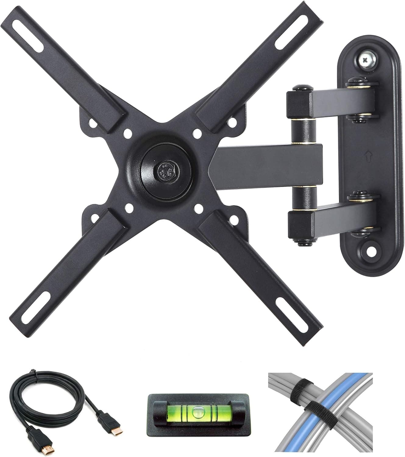 Atlantic Full Motion Tilt-Swivel-Rotation TV Wall Mount for 12-27 inch Flat Screen TVs with 6 Foot HDMI Cable, Cable Ties and Leveler, PN63607150