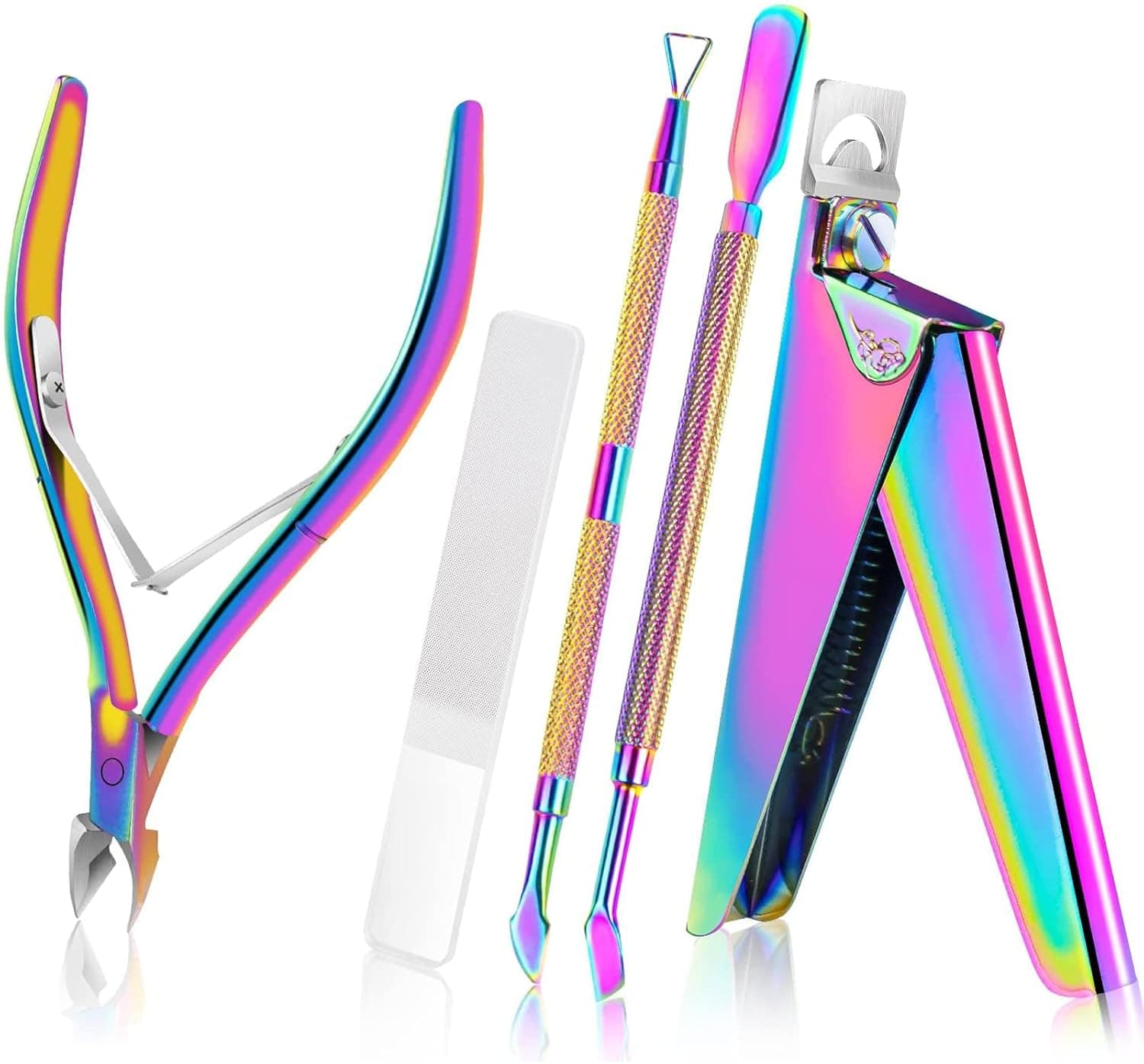 Acrylic Nail Clippers 5 in 1 Kit with Glass Nail File, Cuticle Trimmer Nipper and Cuticle Pusher Nail Gel Polish Remover, Stainless Steel Professional Manicure Pedicure Tools for Finger Toe Nails