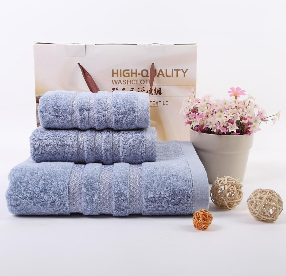 Btwzm Bath Towels, 3 Piece Cotton Towel Set Include 1 Hand Towel, 1 Face Towel and 1 Bath Towel (Light Blue)
