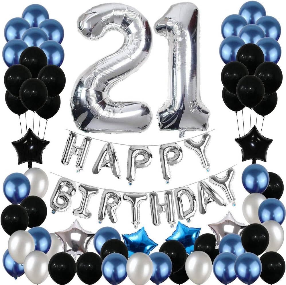 21st Birthday Decorations for Her Blue, Yoart 21 Birthday Party Decoration Balloons Party Supplies Blue and Silver Black Foil Star Balloons for Women Men 80pcs
