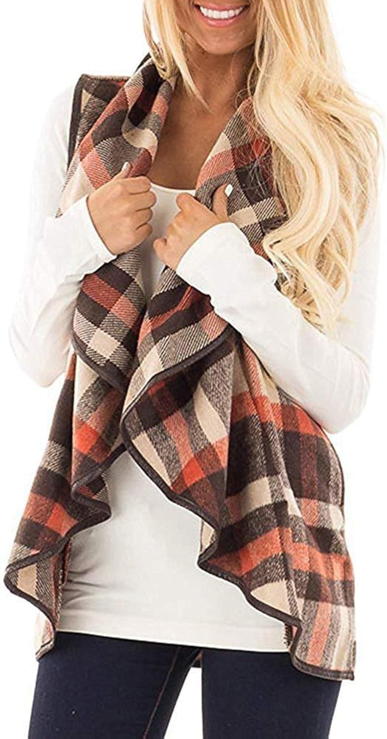 Romanstii Womens Fashion Lapel Open Front Sleeveless Plaid Casual Vest Cardigan Jacket with Pocket