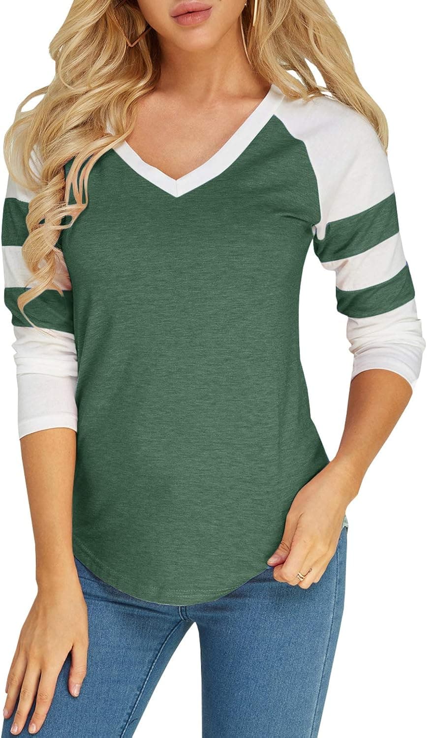 Foshow Womens Baseball Raglan Color Block T-Shirts Summer Short Long Sleeve V Neck Tees Jersey Casual Blouses Tops