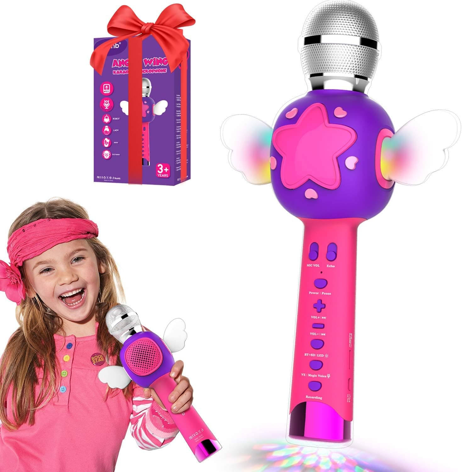 Toys for 3-12 Year Old Girls, Karaoke Microphone for Kids Karaoke Wireless Toy Microphone with Speaker Recording Magic Voice and Disco Dancing Light Girl Home Party Best Singing Birthday Pink