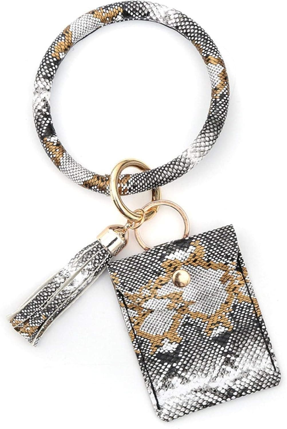 Women Girls Wristlet Bracelet Keychain - PU Leather Tassel Large Circle Bangle Key Ring with ID Card Holder Purse