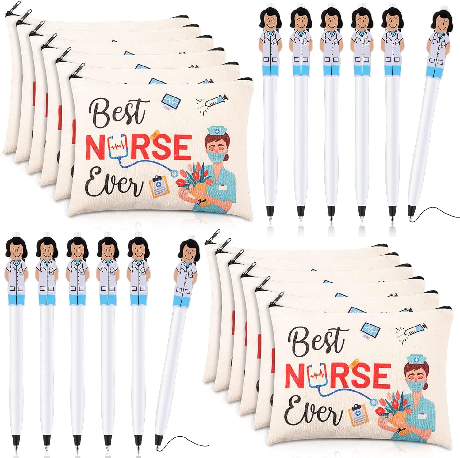 24 Pieces Nurse Appreciation Gifts Set, 12 Nurse Makeup Cosmetic Bag with 12 Cute Doctor Nurse Ballpoint Pens, Nurse Practitioner Gifts Christmas Gifts Nurse Week Day Gifts for Nurse (Classic Style)
