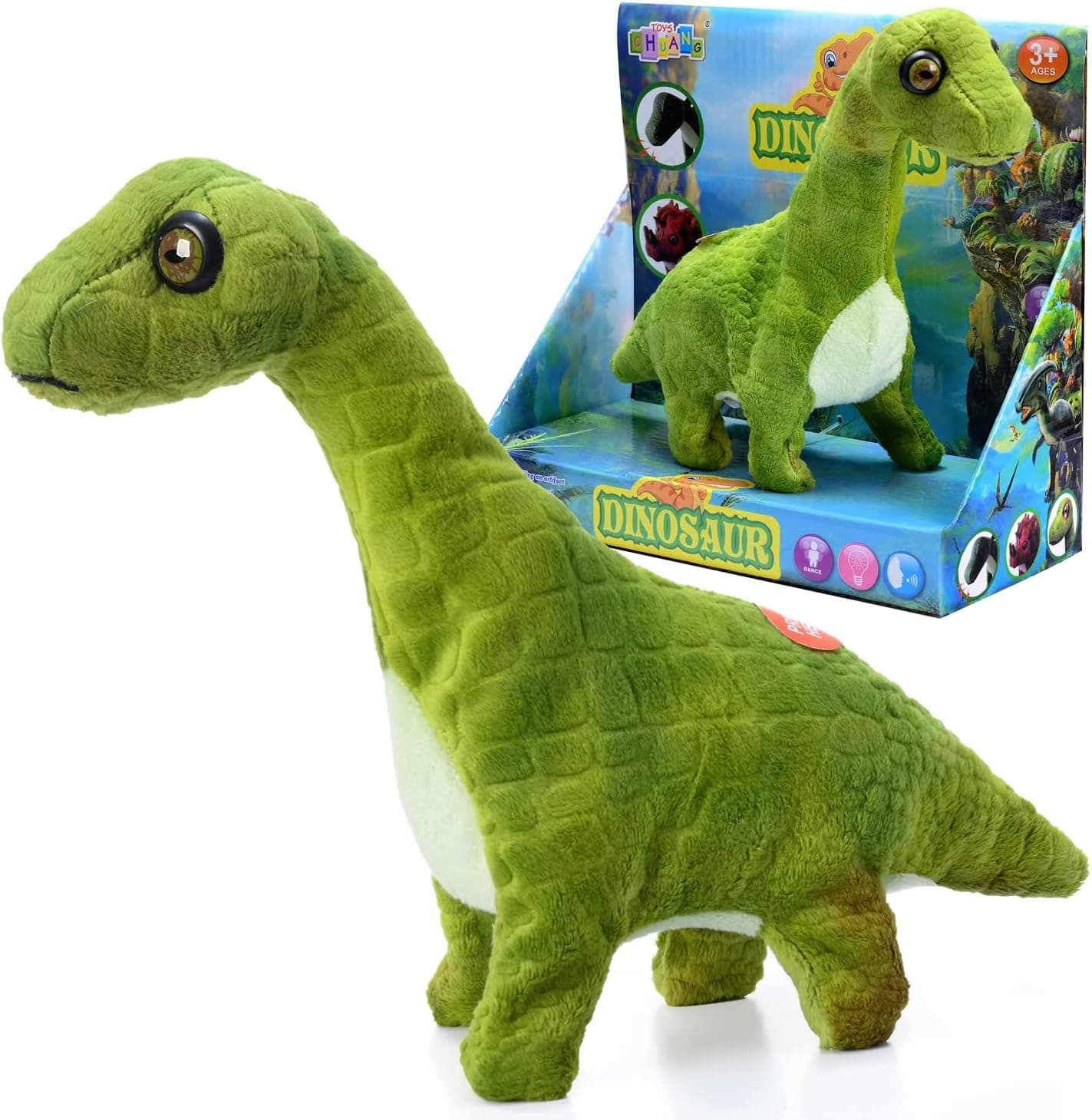 Volunna Walking Interactive Robot Brachiosaurus Dinosaur Plush Toy with Lights and Sounds Electronic Stuffed Animal for Kids Children Toddler Birthday Gifts(Brachiosaurus-Invisible Green)