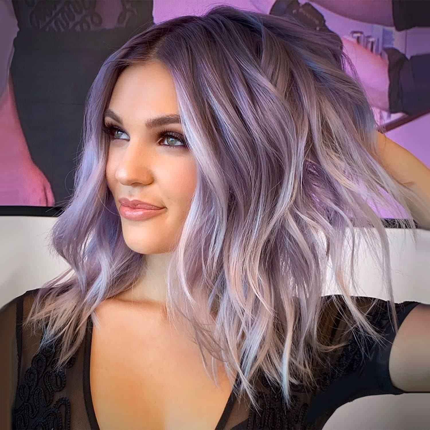 Bob Wig Curly Wavy Wigs for Women 14 inch Bob Wigs With Ombre Purple Wig Synthetic Hair Middle Part Lace Front Body Wave Wig Small Area Lace Shoulder Length Short Curly Natural Curly Wigs ( Ombre Purple )