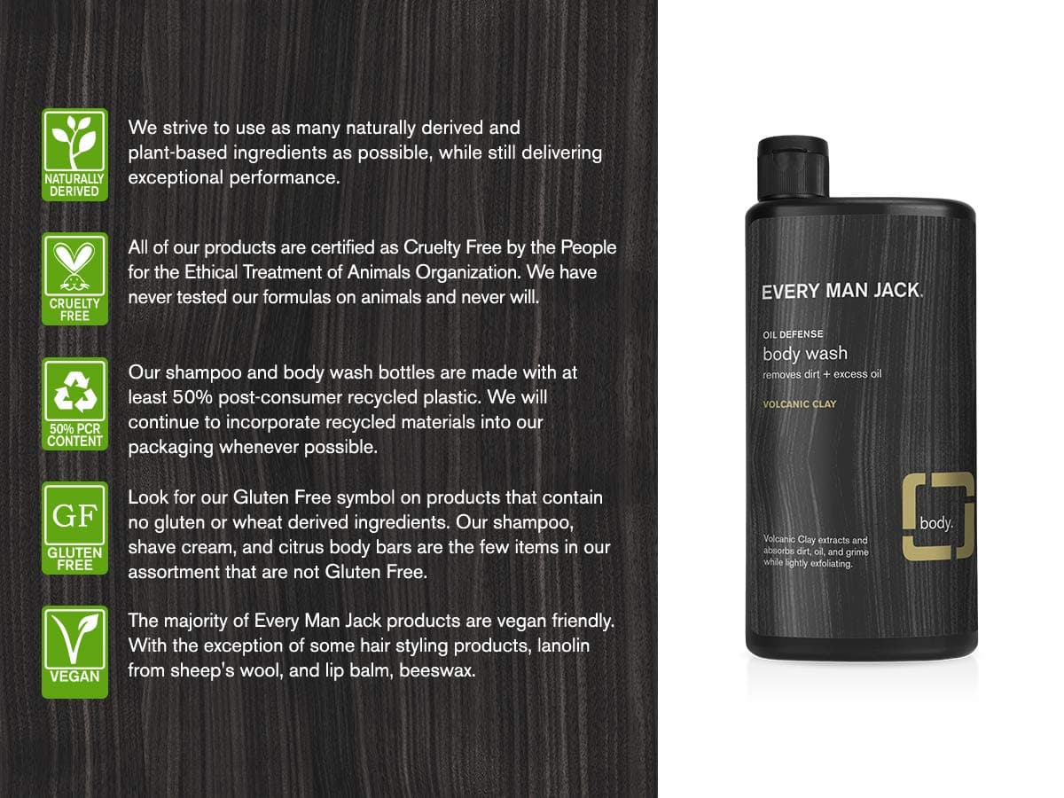 Every Man Jack Mens Body Wash - Volcanic Clay | Oil Defense For Oily Skin, Naturally Derived, Cruelty-Free Shower Gel for Men | 16.9 Fl Oz (Pack of 2)