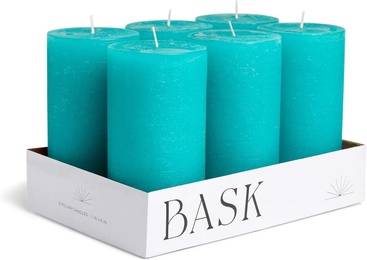 Mottled Pillar Candles by Bask - Set of 6-3" x 6" Dripless Unscented Candles in Turquoise for Home Decor, Relaxation & All Occasions