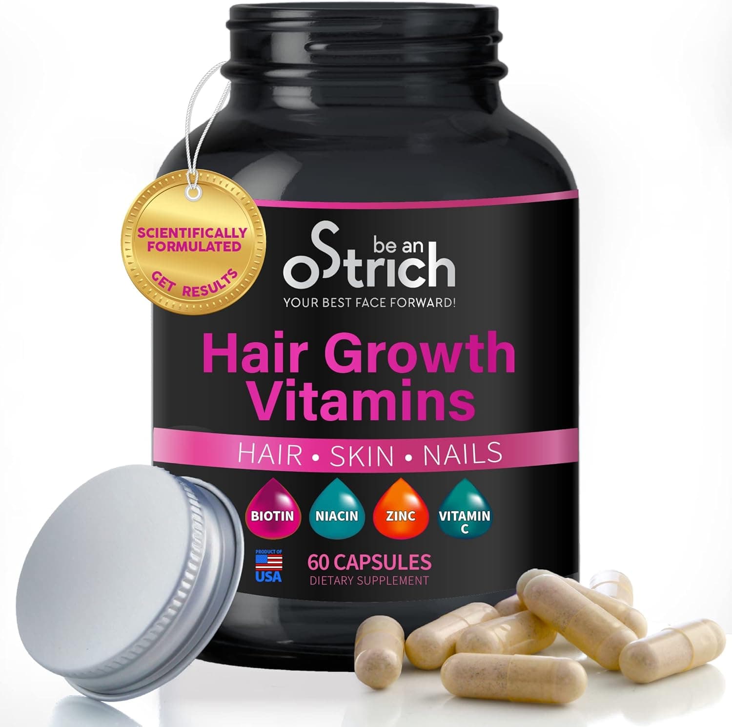 Be An oStrich Hair Growth Vitamins with Biotin Zinc Vitamin C Niacin, for Stronger Longer Fuller and Healthier Hair in Just 90 Days - Faster and Thicker Hair, All Hair Types Women & Men - 60 Capsules