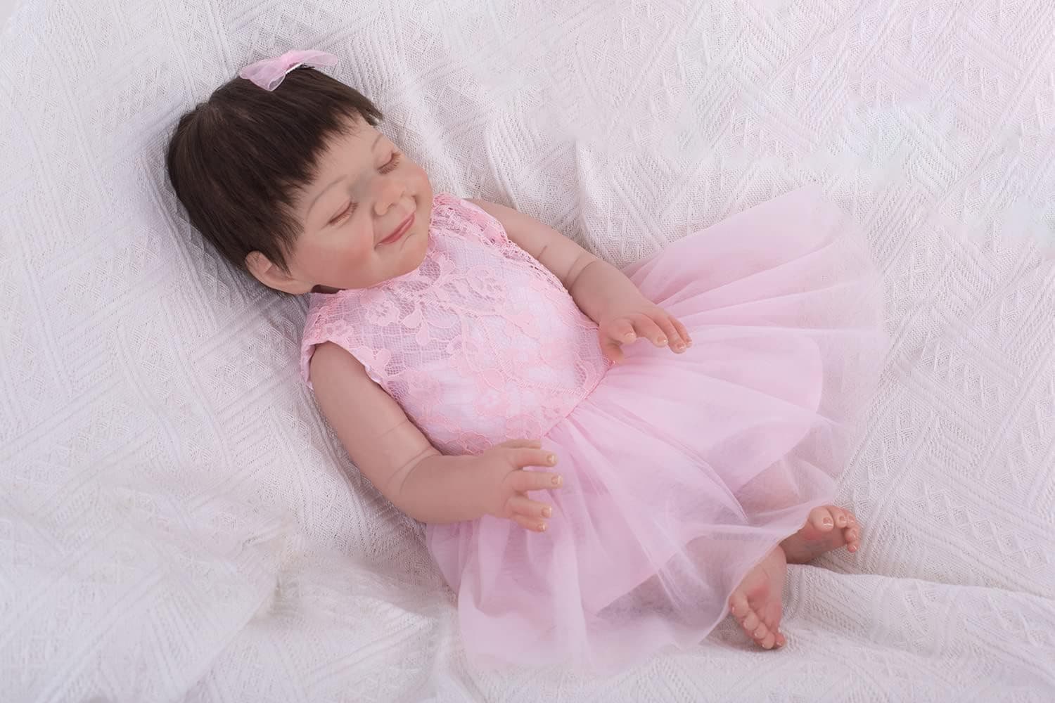 Lifelike Newborn Baby Full Vinyl Body 18inch Sleeping Girl Reborn Dolls for Kids Age 3+ Realistic Doll Gift Set,Pink lace Skirt