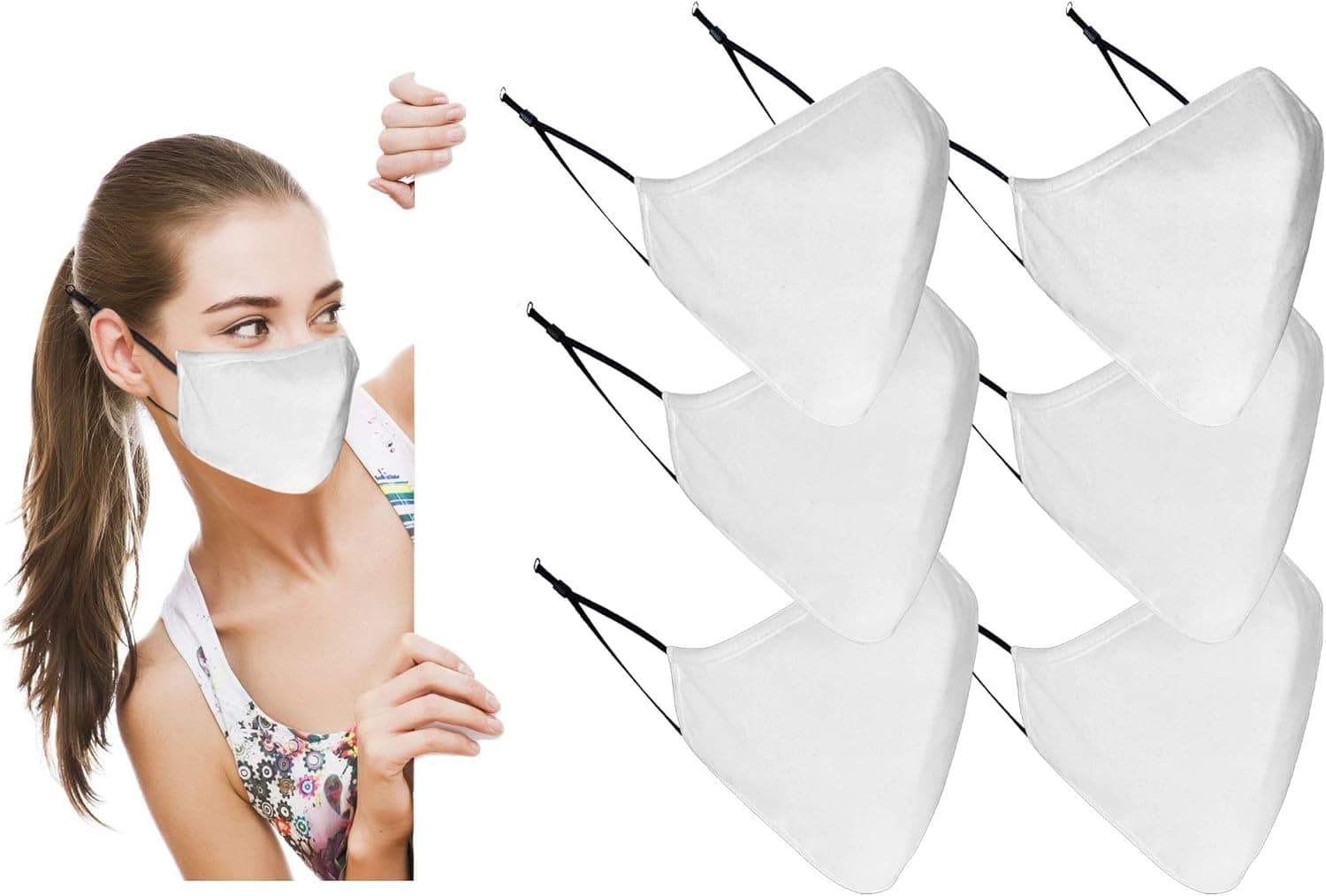 RUSTIC TOWN Cotton White Face Mask Washable - Adjustable & Reusable 3 Layer Protective Fabric Face Cover, Breathable Face Mask (Pack of 6, White)