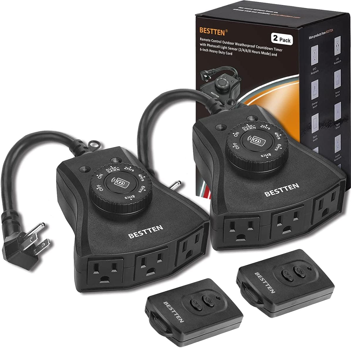 [2 Pack] BESTTEN Remote Control Outdoor Outlet with Dusk to Dawn and Photocell Countdown Timer Functions, 3 Grounded Outlets, ETL Certified, Black