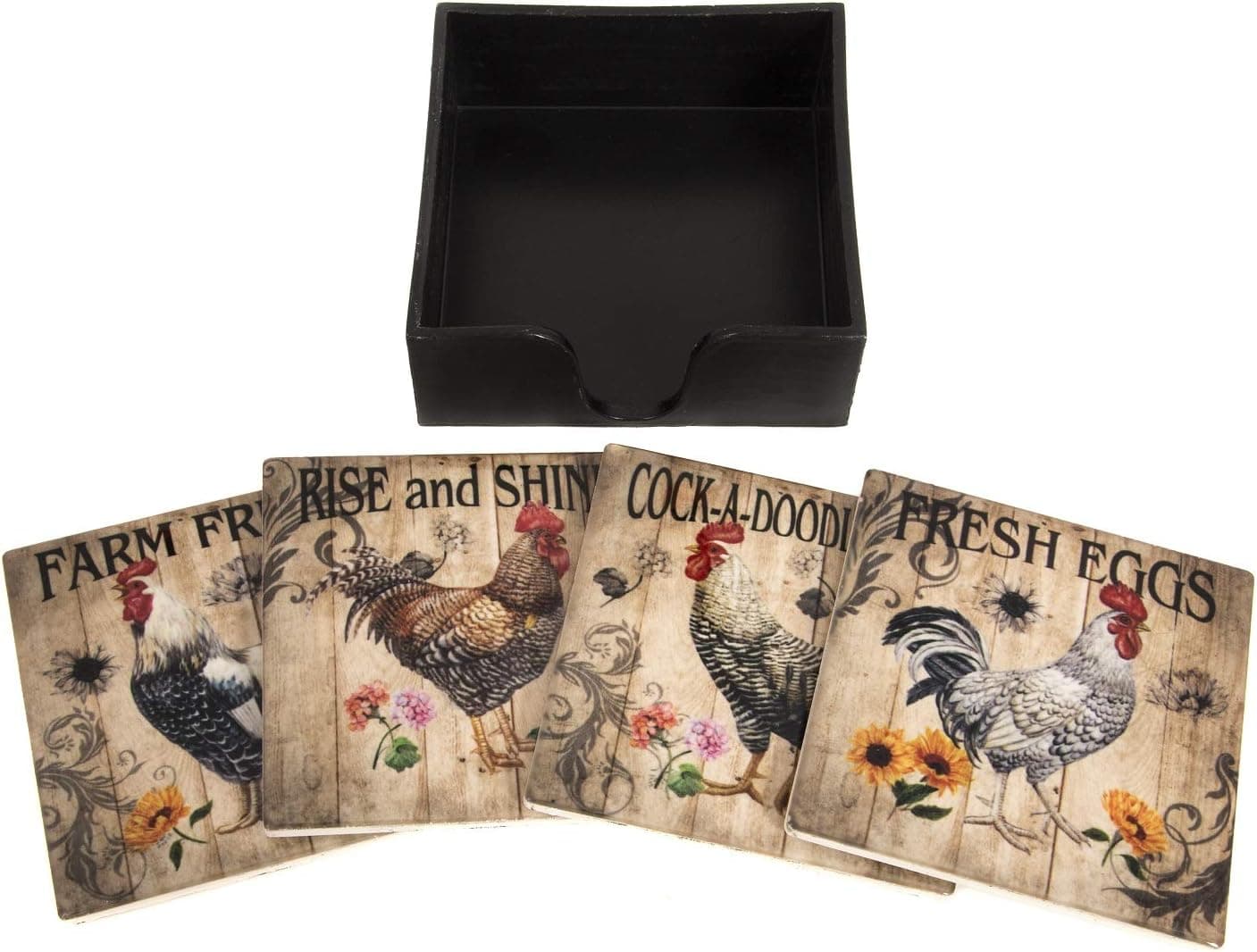 Country Farm House Rooster Coasters 4" Square with Holder 8806
