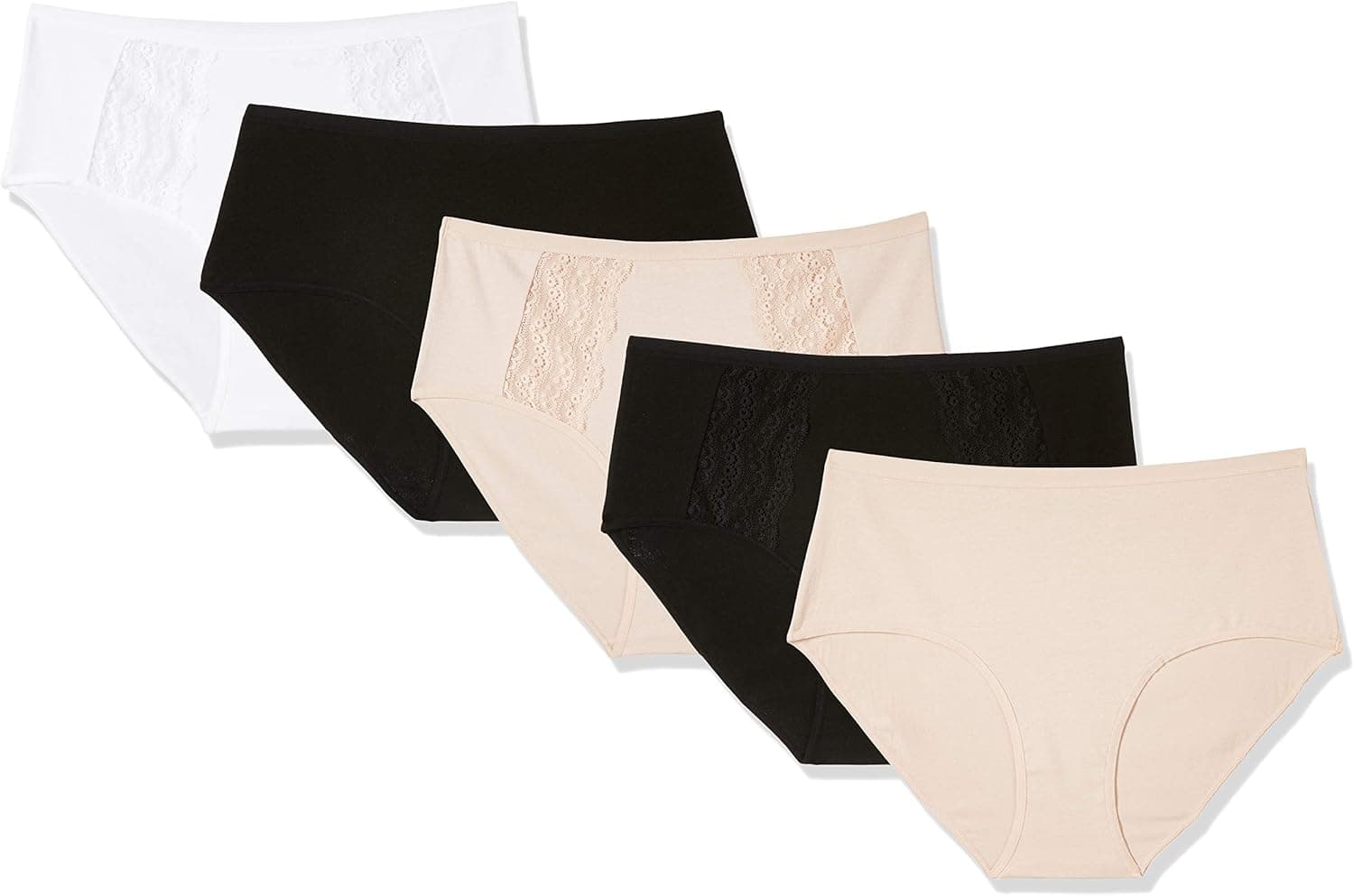 Madeline Kelly Women's 5 Pack Cotton with Lace Trim Brief Black-Beige-White-Black-Beige-L