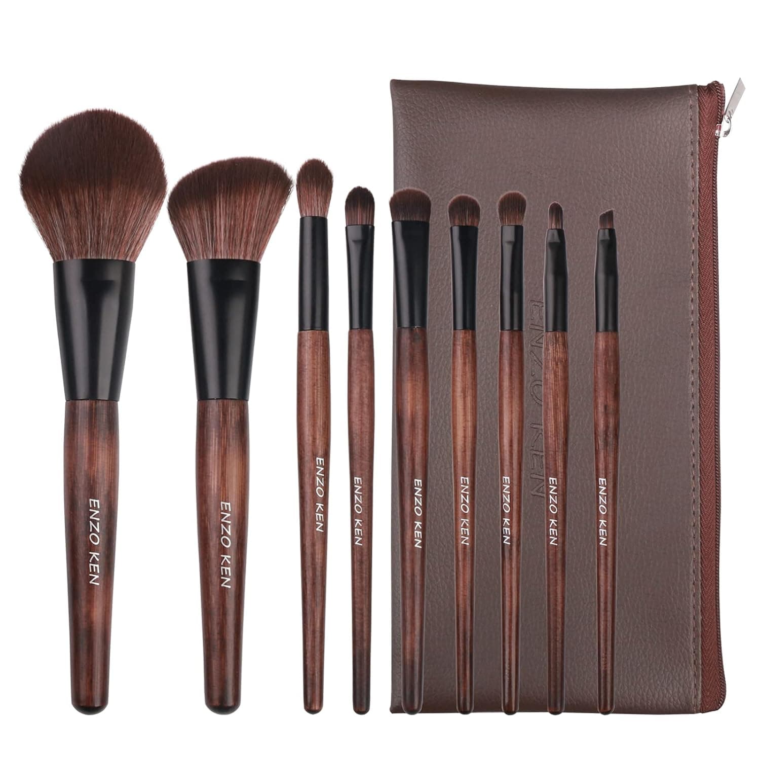 Natural Sable Hair Bamboo Makeup Brush Set Professional with Case by Luxury ENZO KEN, Brown Eye Eyeshadow Brush Set, Contour and Blush Brush Sets, Travel Cosmetic Brushes Set with Bag, Blending Complete Brushes & Kits